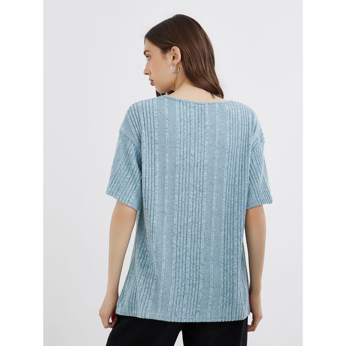 Styli Blue Oversized Knit T-Shirt-women-clothing-tshirts-image-5