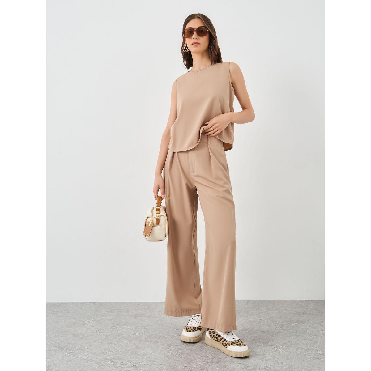 Styli Beige Solid Top and Casual Pants Co-Ords-women-clothing-coordsets-image-1
