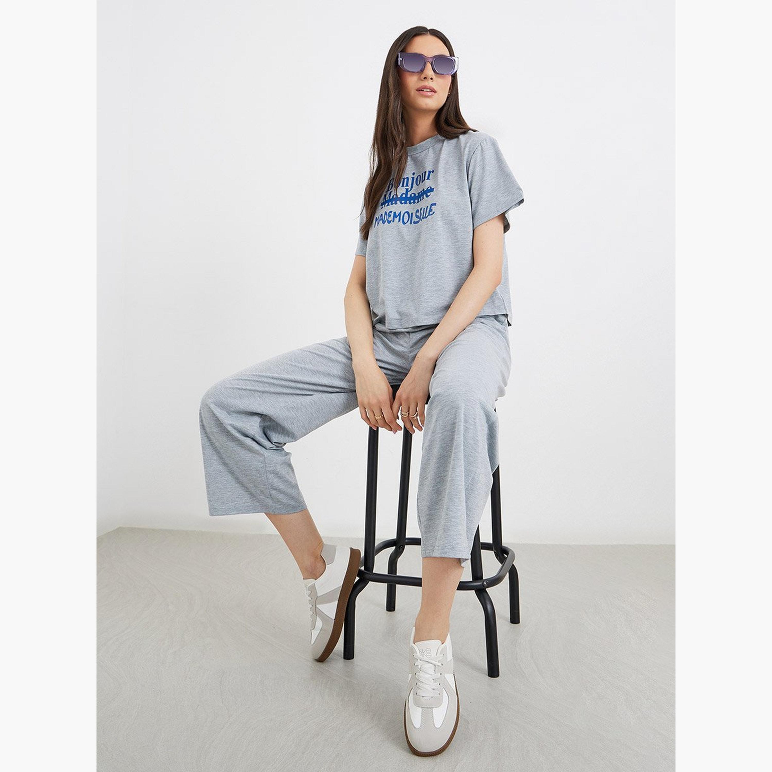 Take Two Women Grey Slogan Print T-Shirt and Joggers Co-Ords-women-clothing-coordsets-image-2