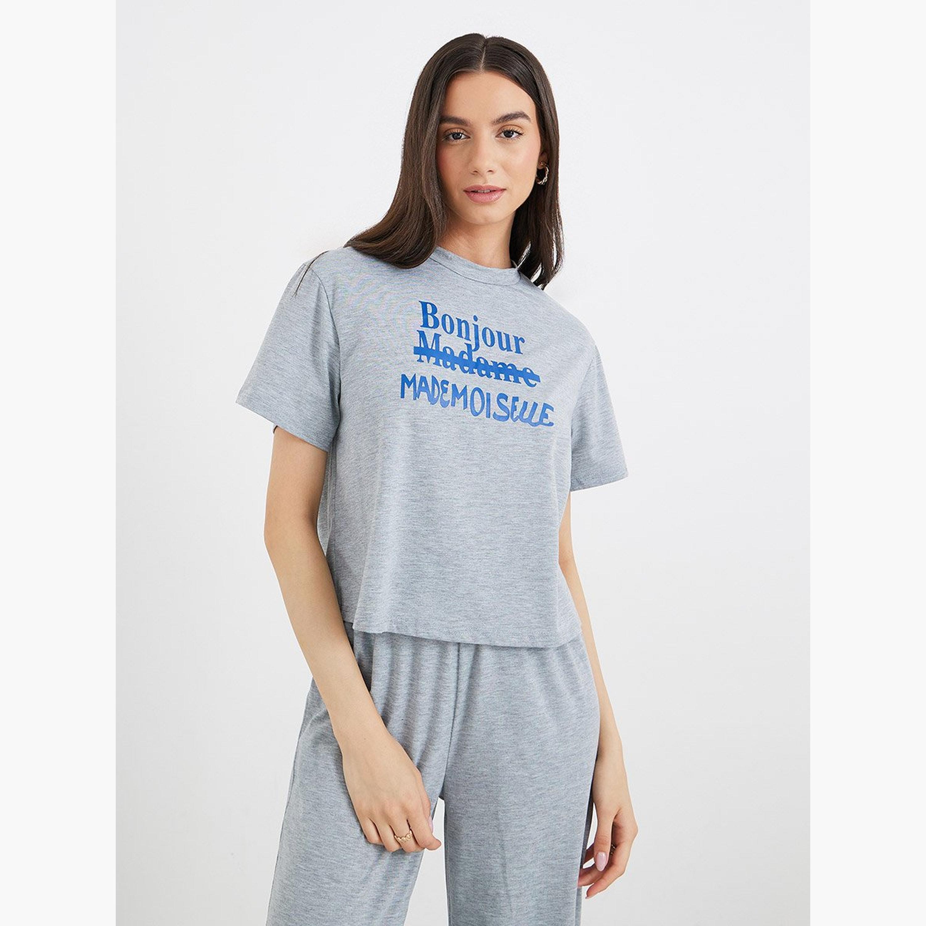 Take Two Women Grey Slogan Print T-Shirt and Joggers Co-Ords-women-clothing-coordsets-image-3