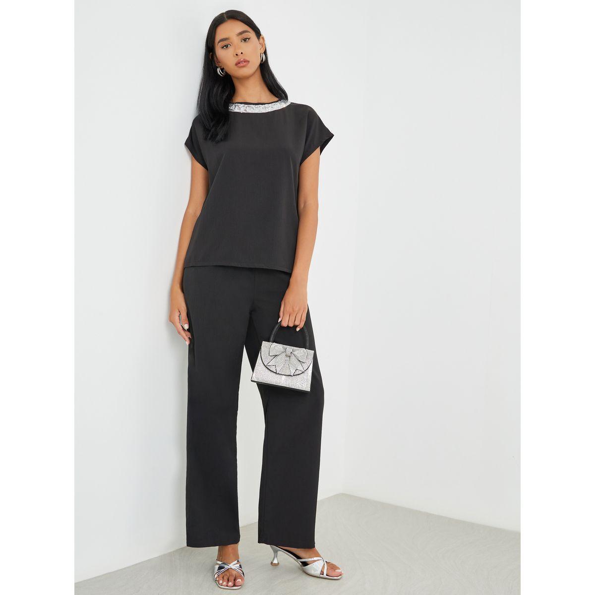 Styli Sequined Neckline Top and Pants Co-Ords-women-clothing-coordsets-image-1