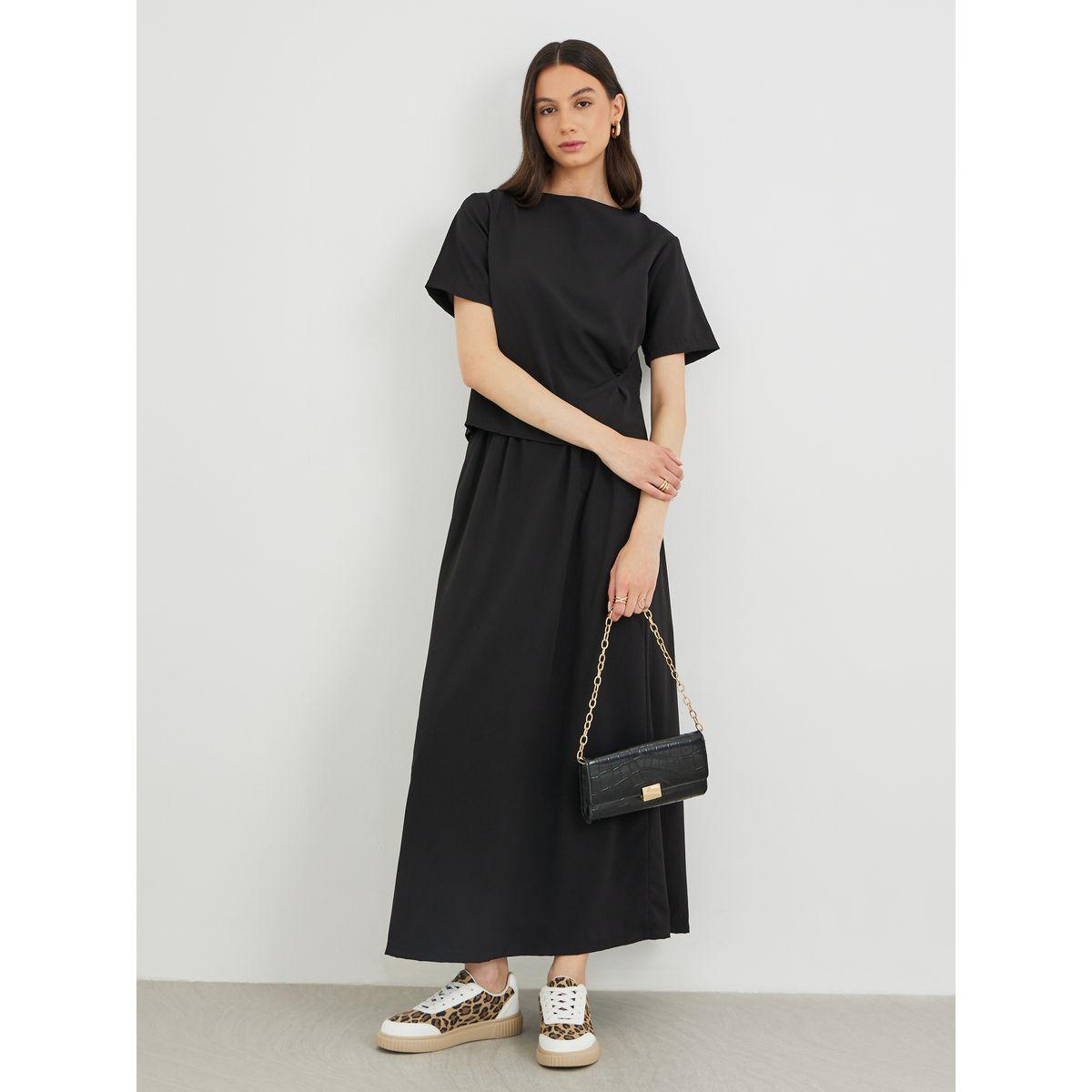 Styli Ruched Side Short Sleeve Top and Maxi Skirt Co-Ords-women-clothing-coordsets-image-1