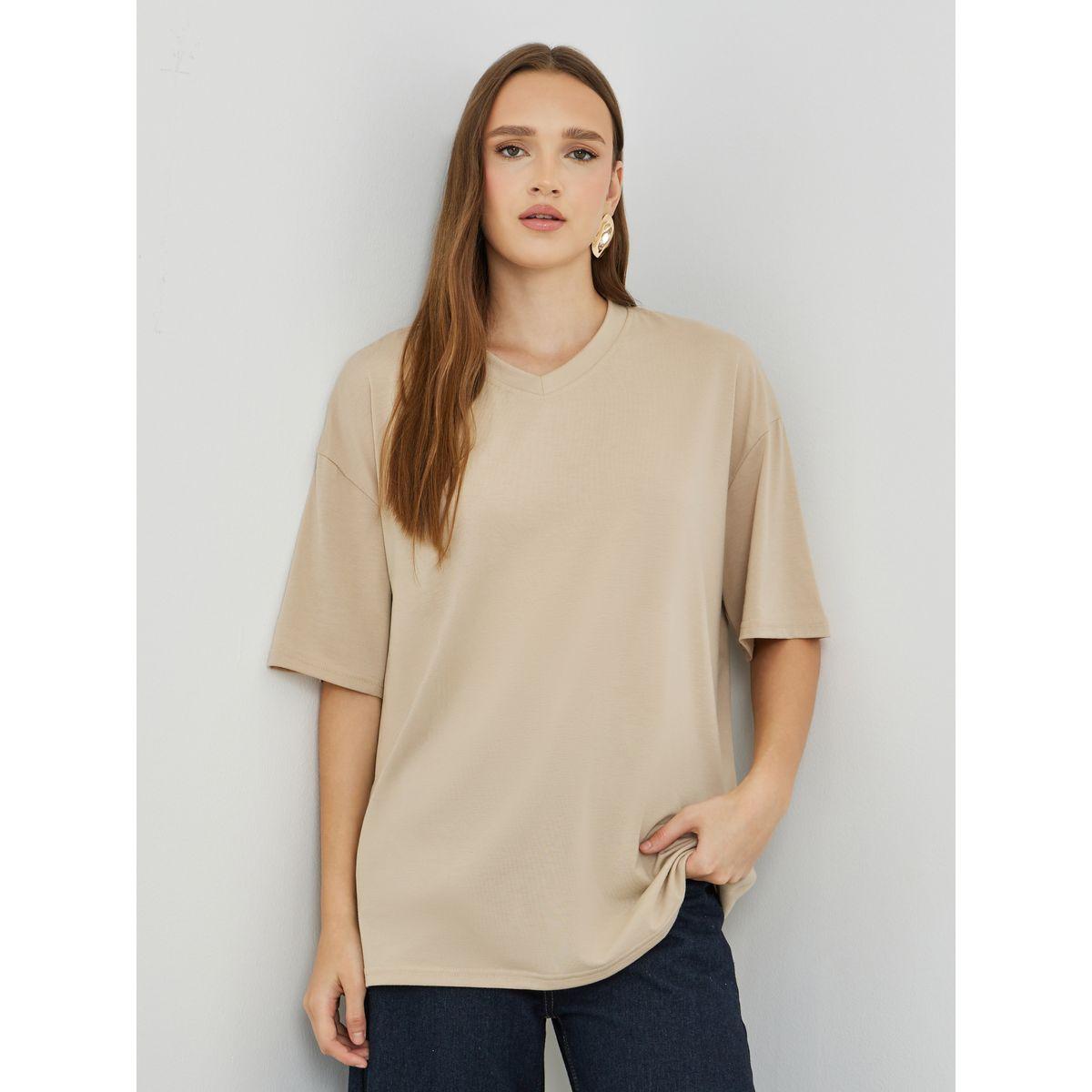 Styli Solid V-Neck Oversized T-Shirt-women-clothing-tshirts-image-1