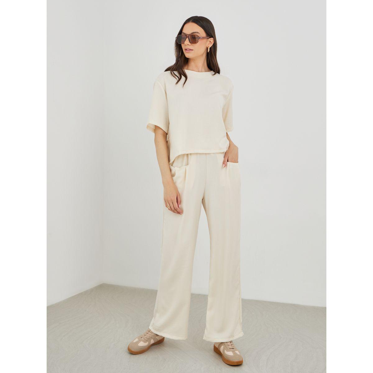 Styli Solid Short Sleeve Top and Loose Fit Pants Co-Ords-women-clothing-coordsets-image-1