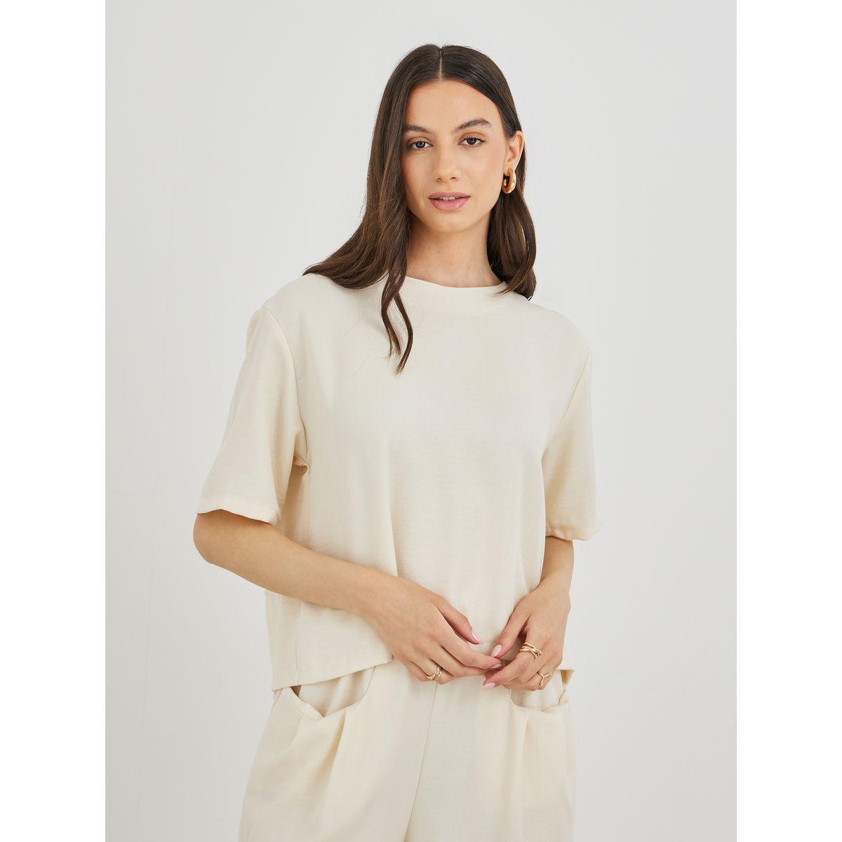 Styli Solid Short Sleeve Top and Loose Fit Pants Co-Ords-women-clothing-coordsets-image-2