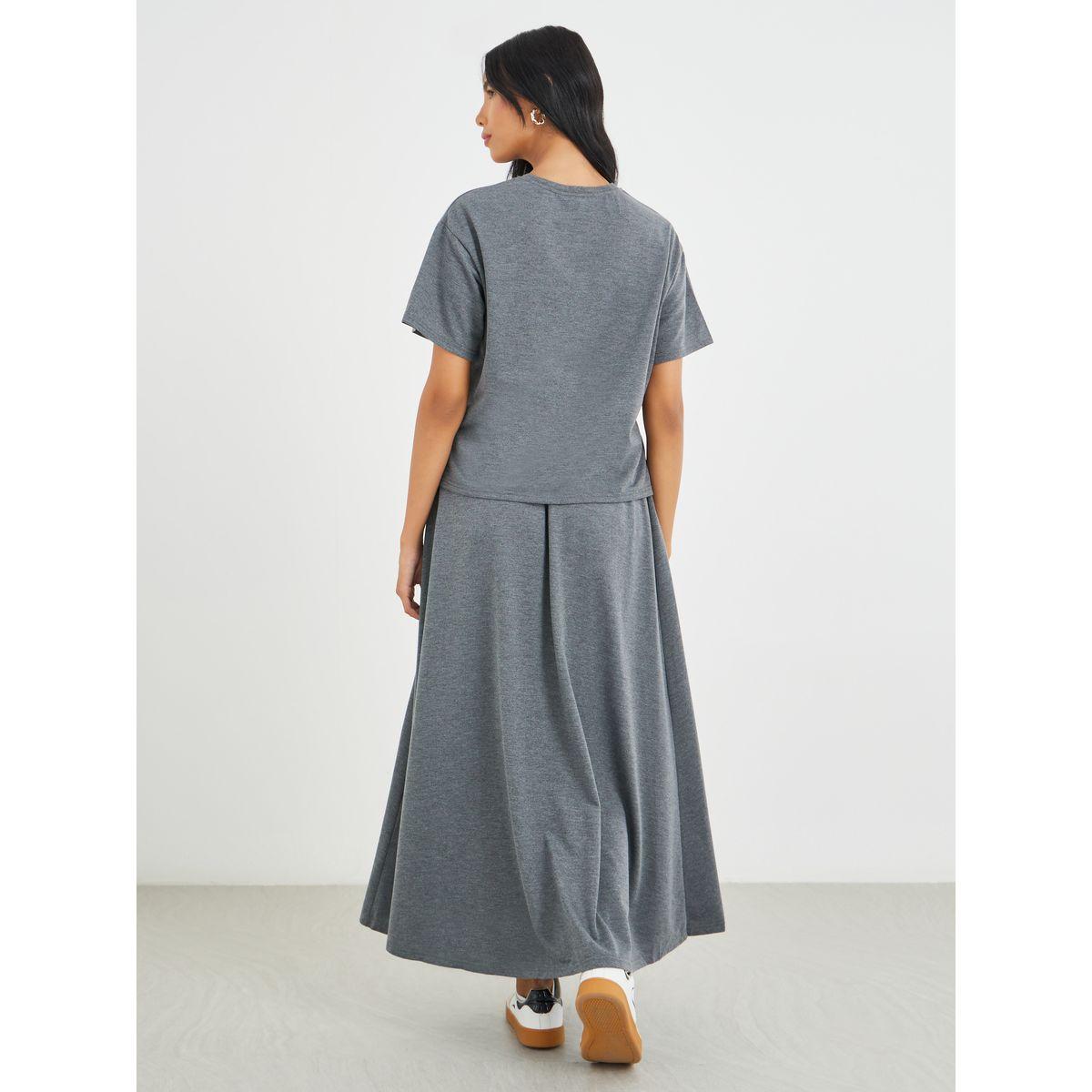 Styli Solid Short Sleeve Top and A-Line Maxi Skirts Co-Ords-women-clothing-coordsets-image-5