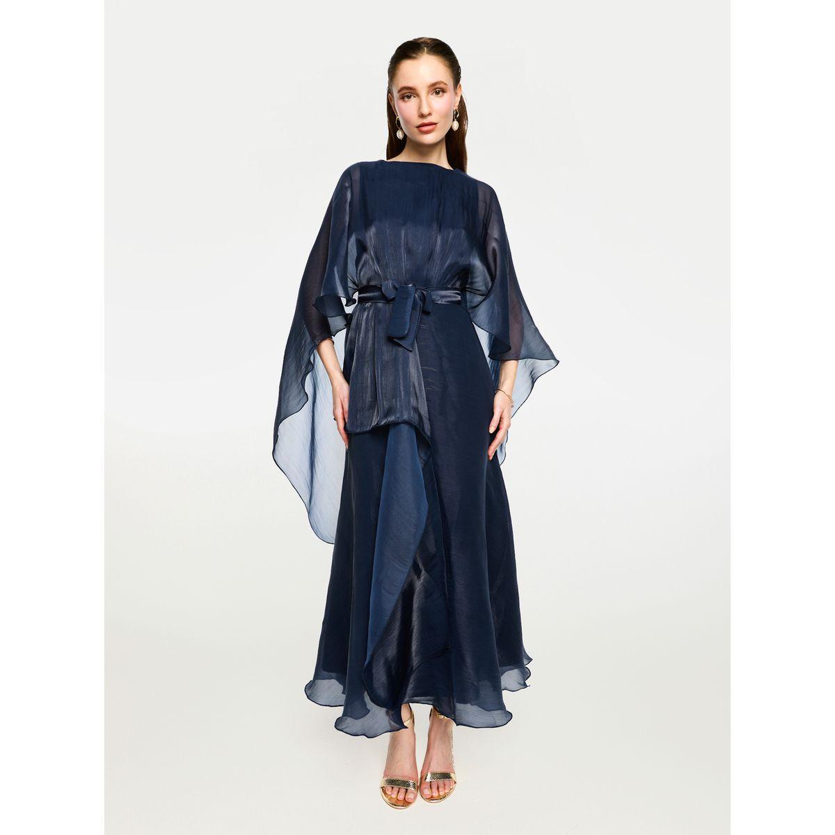 فستان طويل بأكمام كيب أورجانزا ورباط خصر-women-clothing-dresses-image-1