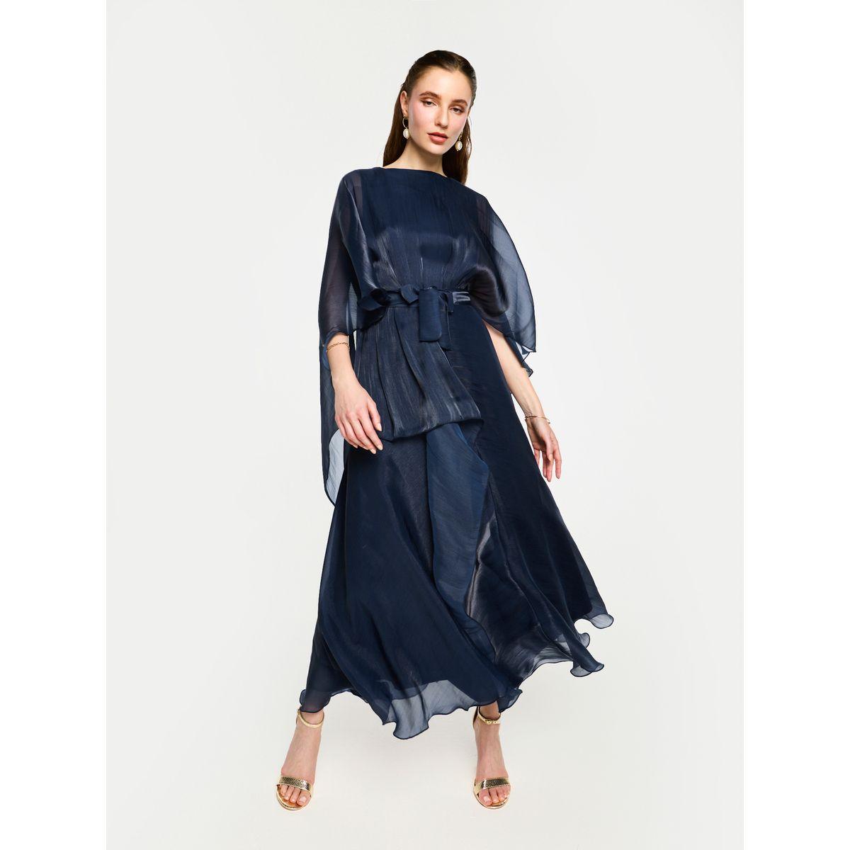 فستان طويل بأكمام كيب أورجانزا ورباط خصر-women-clothing-dresses-image-2