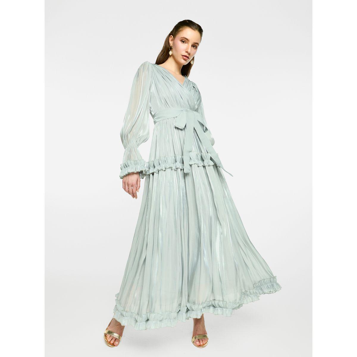 فستان طويل اورجانزا بكسرات وتفاصيل كشكش-women-clothing-dresses-image-1
