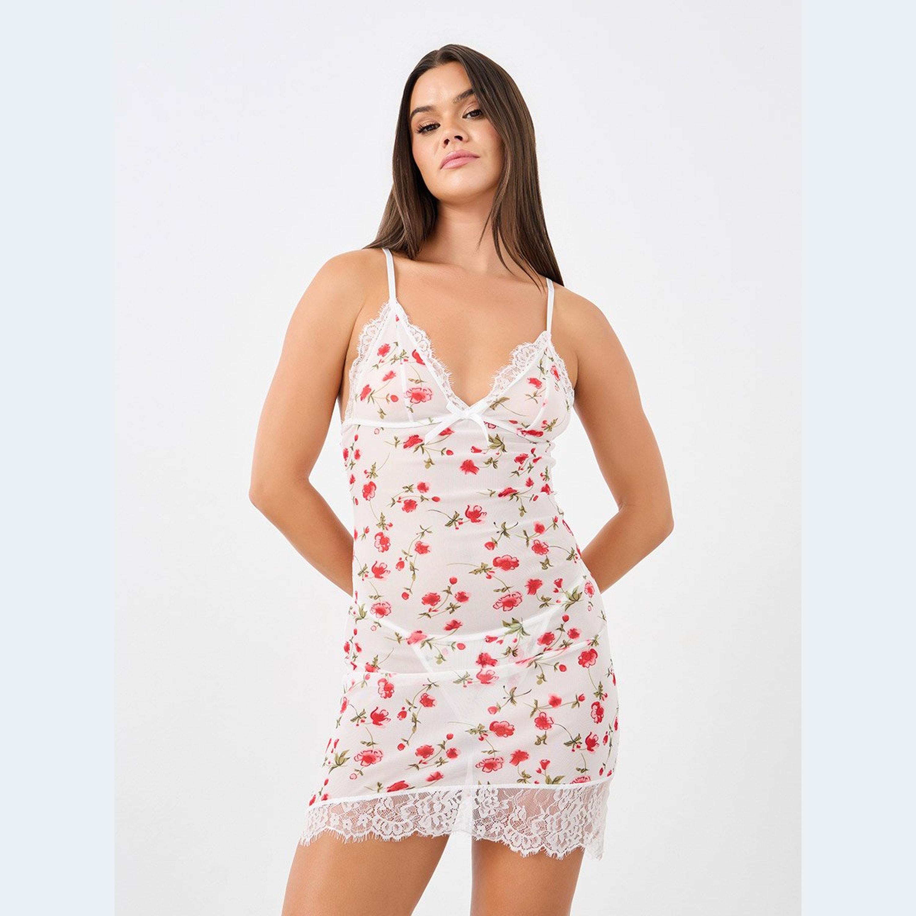 ستايلي - فستان بطبعة زهور مع حافة من الدانتيل ولباس داخلي ثونغ-women-clothing-lingerie-babydollsandbodysuits-image-1