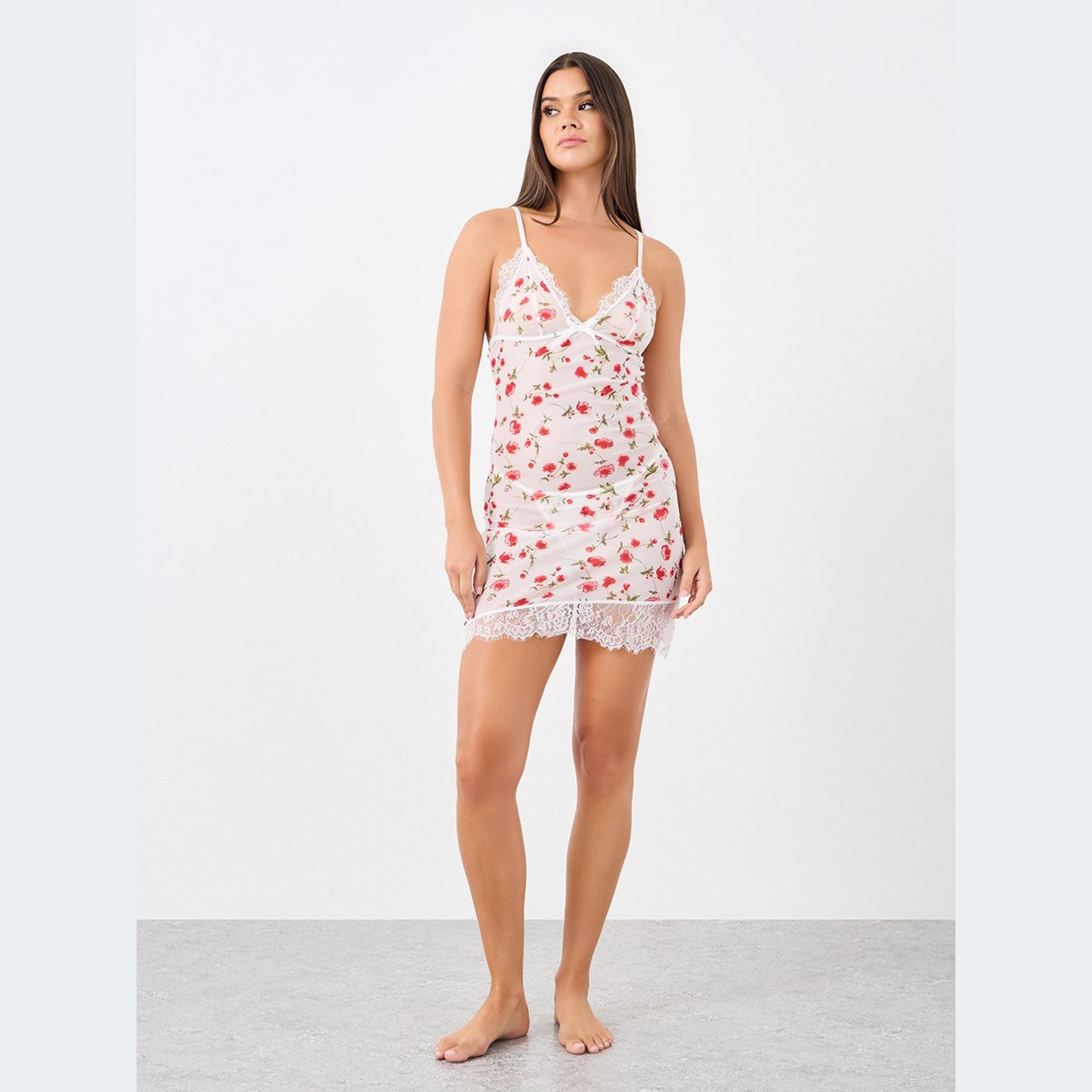 ستايلي - فستان بطبعة زهور مع حافة من الدانتيل ولباس داخلي ثونغ-women-clothing-lingerie-babydollsandbodysuits-image-2