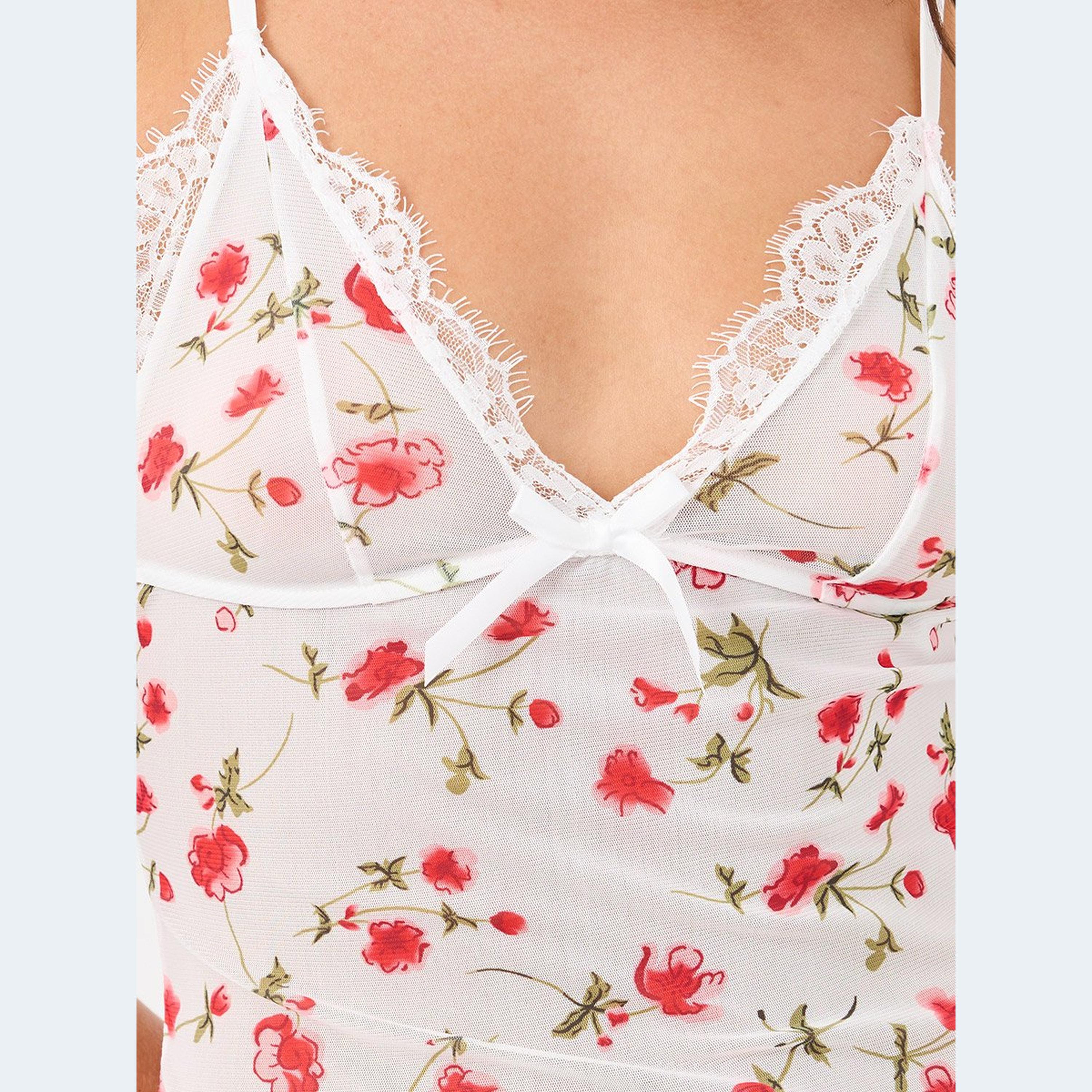 ستايلي - فستان بطبعة زهور مع حافة من الدانتيل ولباس داخلي ثونغ-women-clothing-lingerie-babydollsandbodysuits-image-3