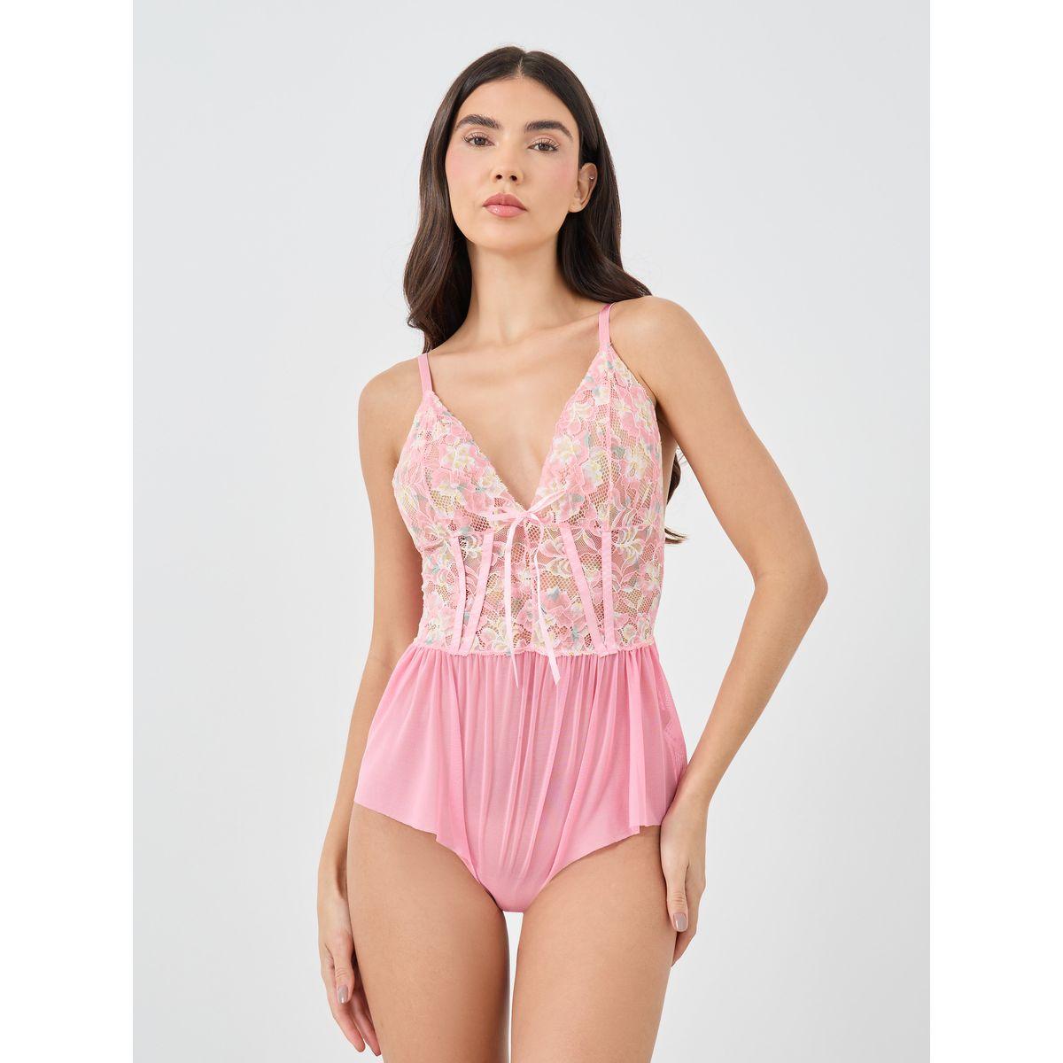 Styli Floral Lace Upper Panel Teddy with Bow Detail-women-clothing-lingerie-corsets-image-1