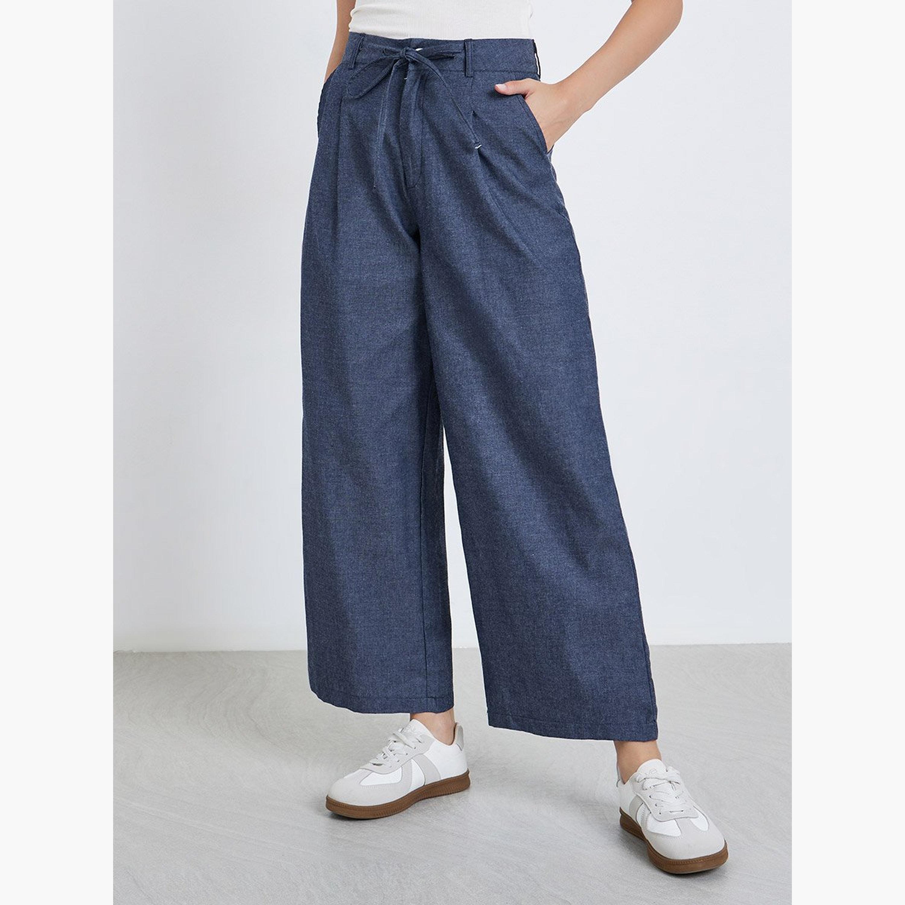ستايلي - بنطال جينز واسع الساق متوسط ​​الارتفاع مع رباط-women-clothing-bottoms-jeans-image-1