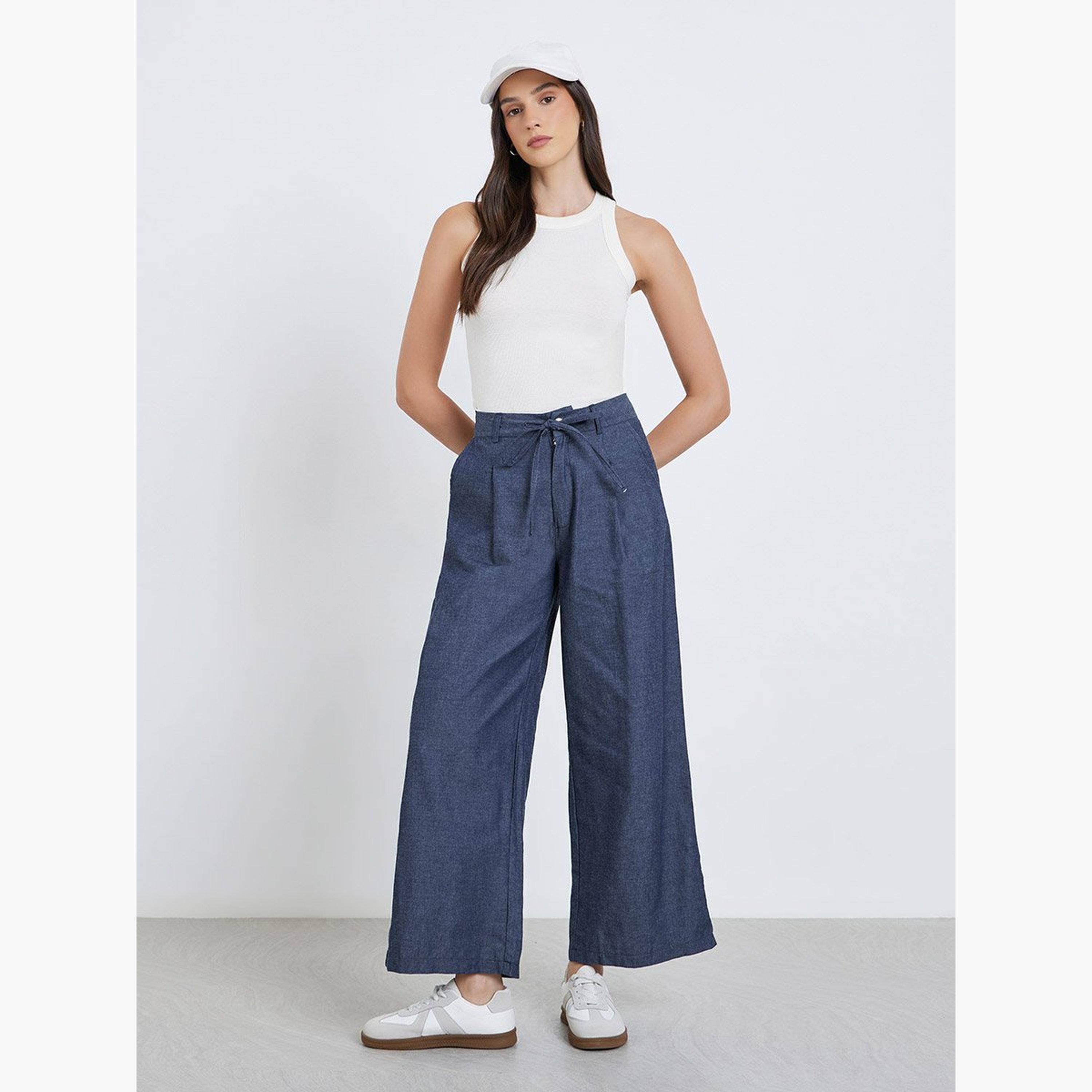ستايلي - بنطال جينز واسع الساق متوسط ​​الارتفاع مع رباط-women-clothing-bottoms-jeans-image-2