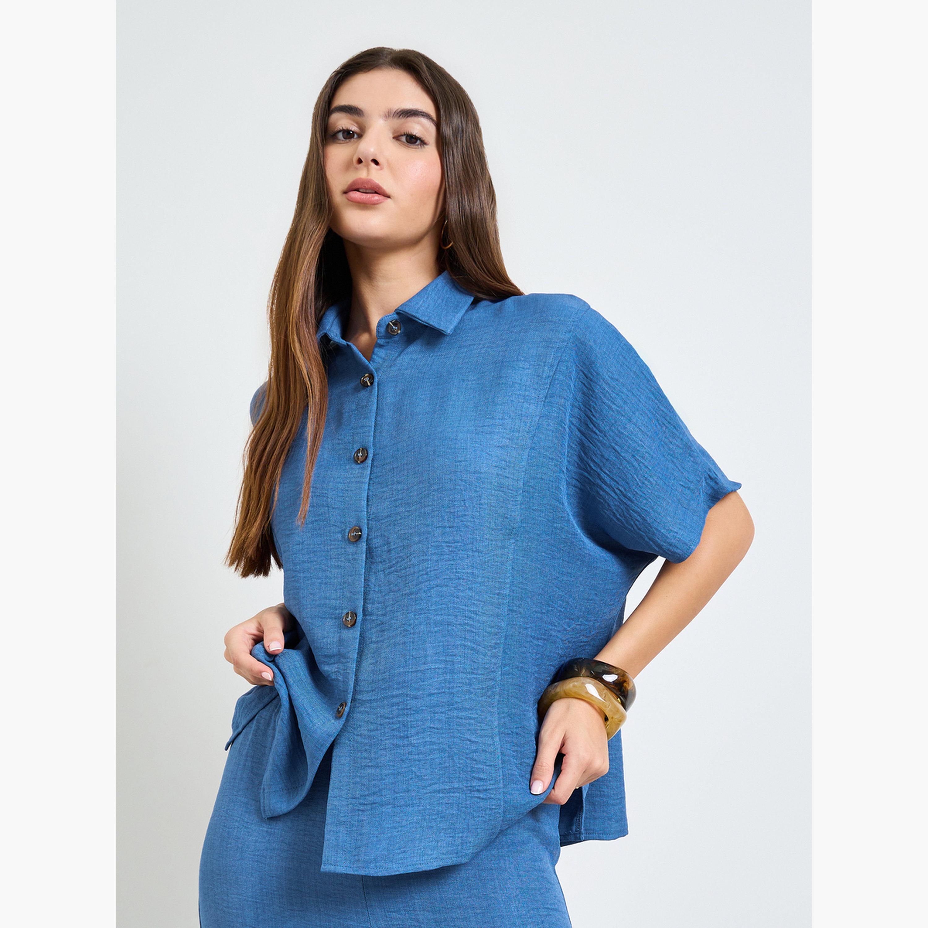 طقم ملابس محتشمة من بنطال وقميص بقصة مريحة-women-clothing-coordsets-image-2