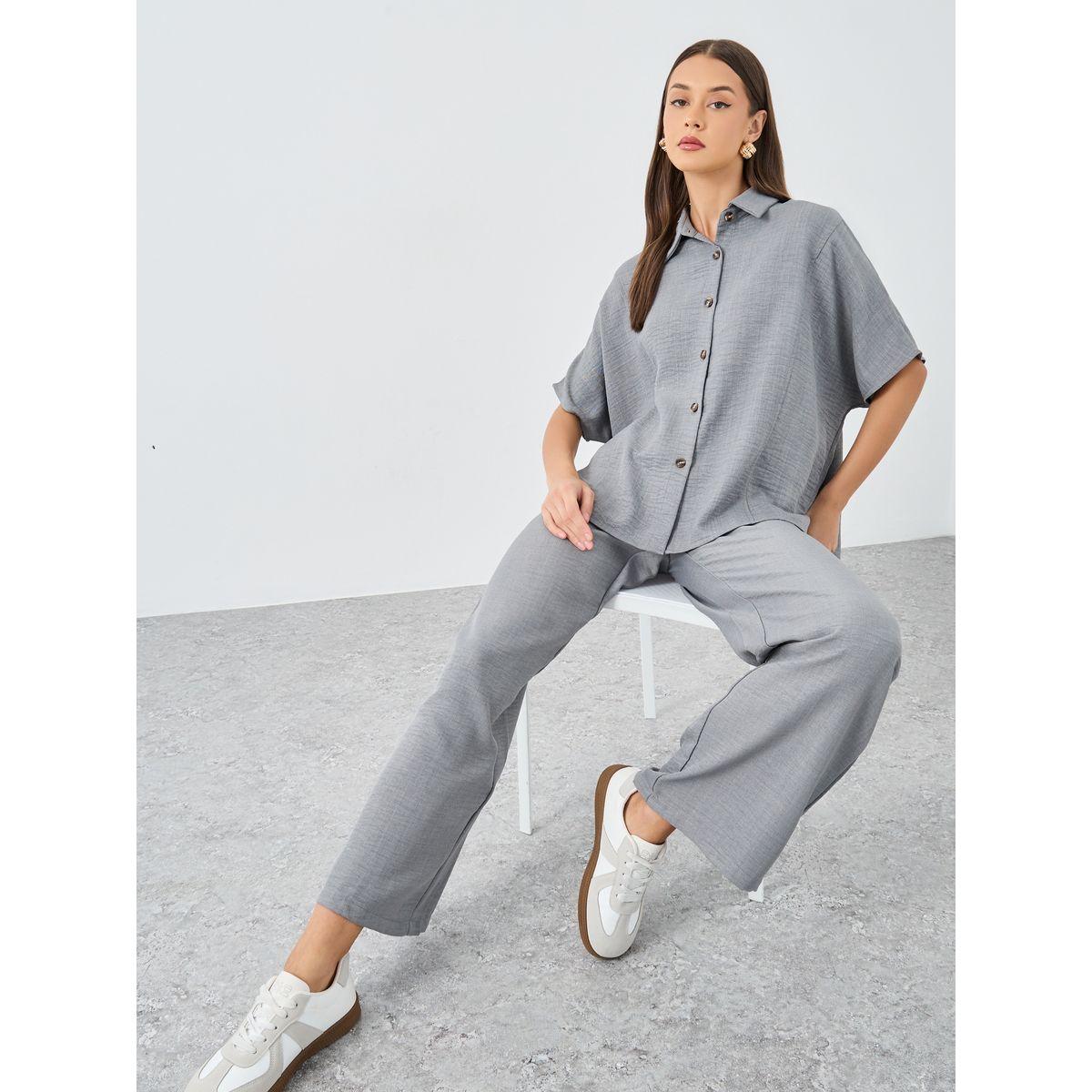 Styli Women Grey Relaxed Fit Shirt and Trouser Modest Set-women-arabicclothing-sets-image-1