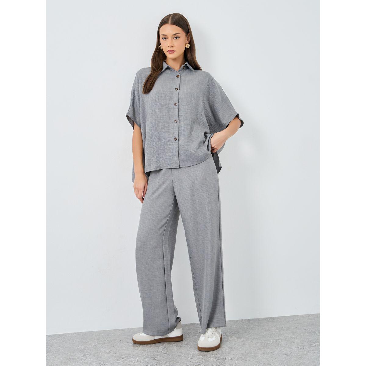Styli Women Grey Relaxed Fit Shirt and Trouser Modest Set-women-arabicclothing-sets-image-2