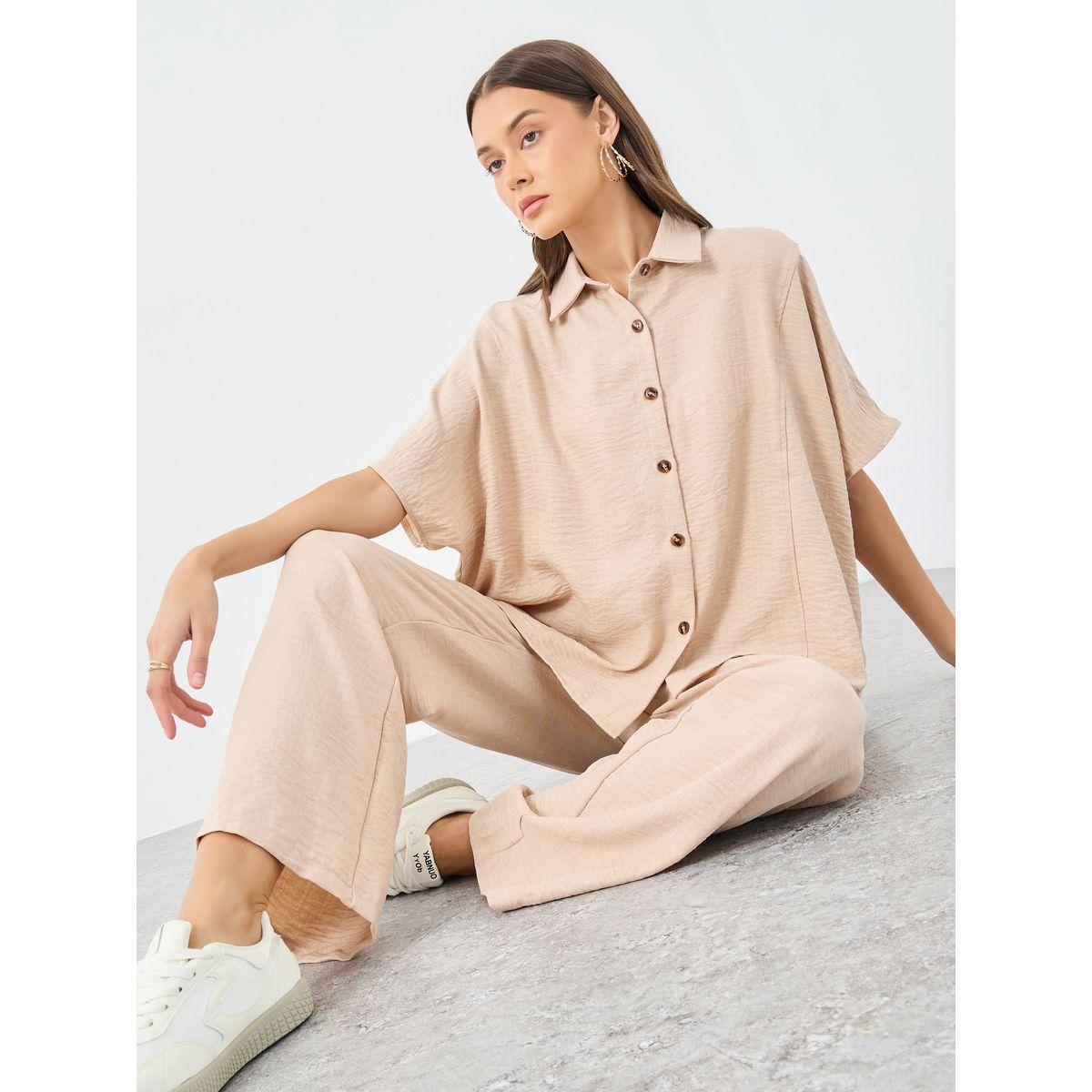 Amirah X Styli Women Beige Relaxed Fit Shirt and Trouser Modest Set-women-arabicclothing-sets-image-1