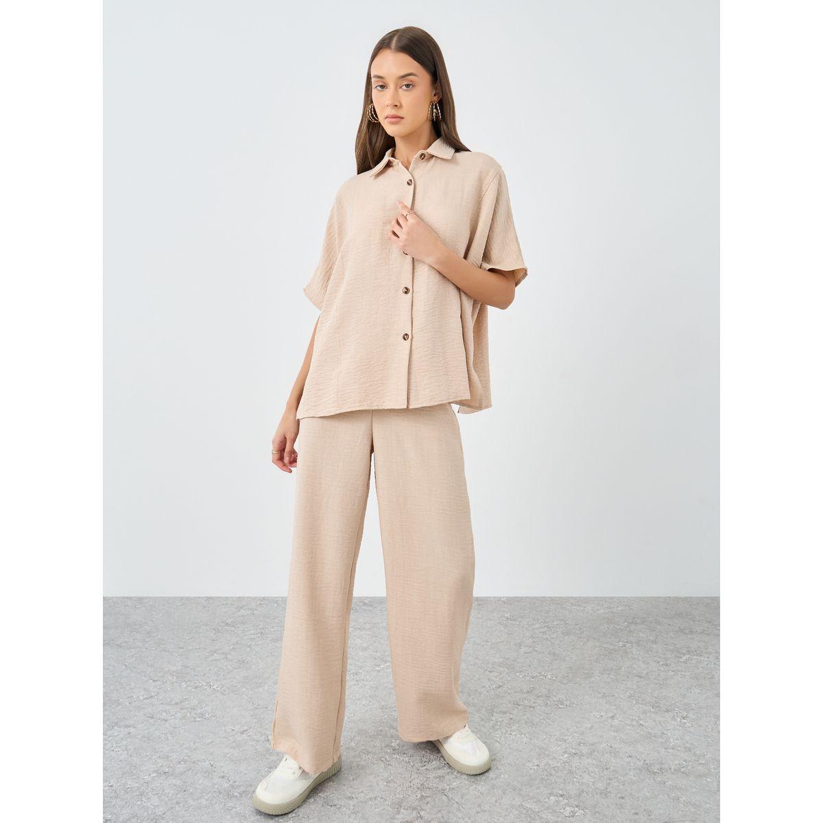Amirah X Styli Women Beige Relaxed Fit Shirt and Trouser Modest Set-women-arabicclothing-sets-image-2