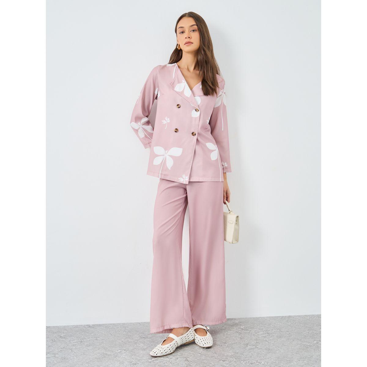 Styli Pink Floral Print Collared Shirt and Trouser Modest Set-women-arabicclothing-sets-image-1