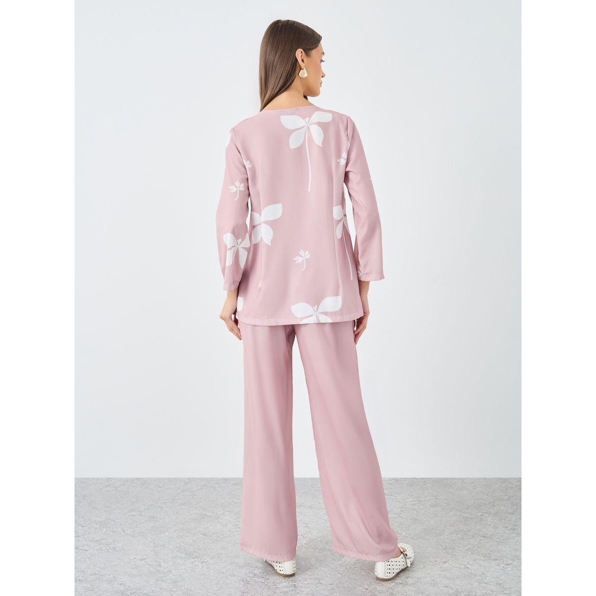 Styli Pink Floral Print Collared Shirt and Trouser Modest Set-women-arabicclothing-sets-image-5