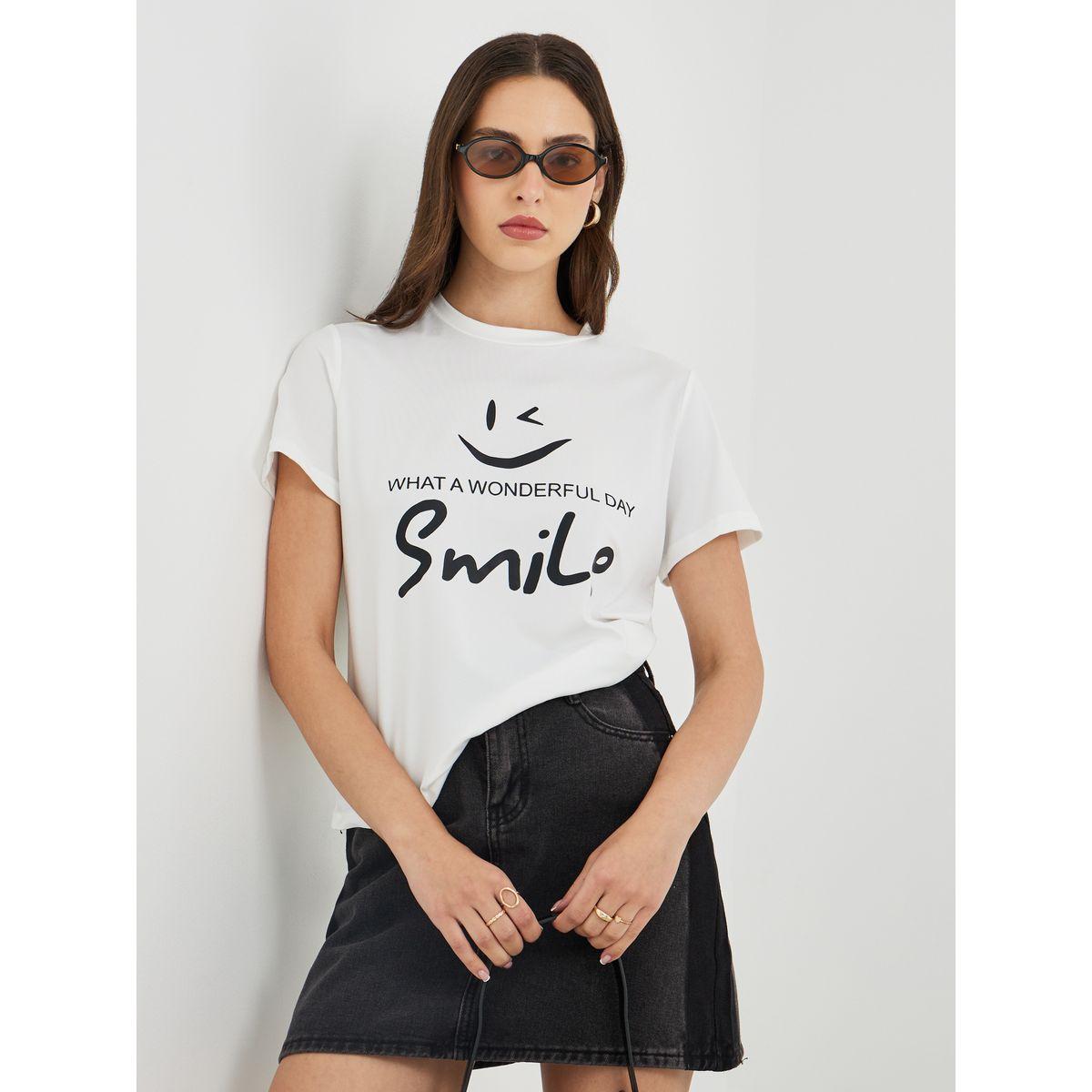 تيشيرت بطبعة كتابة وأكمام قصيرة-women-clothing-tshirts-image-1
