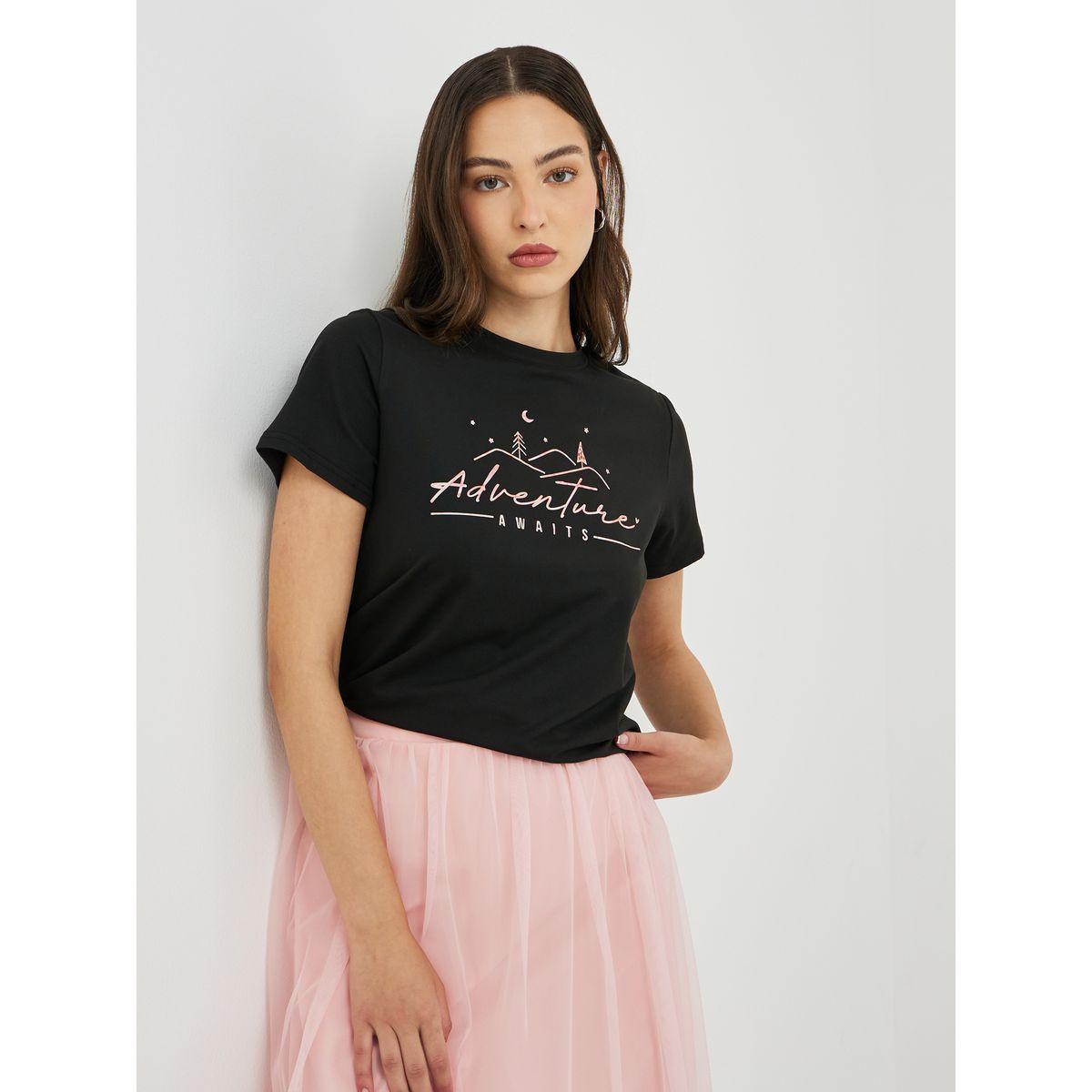 تيشيرت بطبعة كتابة وأكمام قصيرة-women-clothing-tshirts-image-1