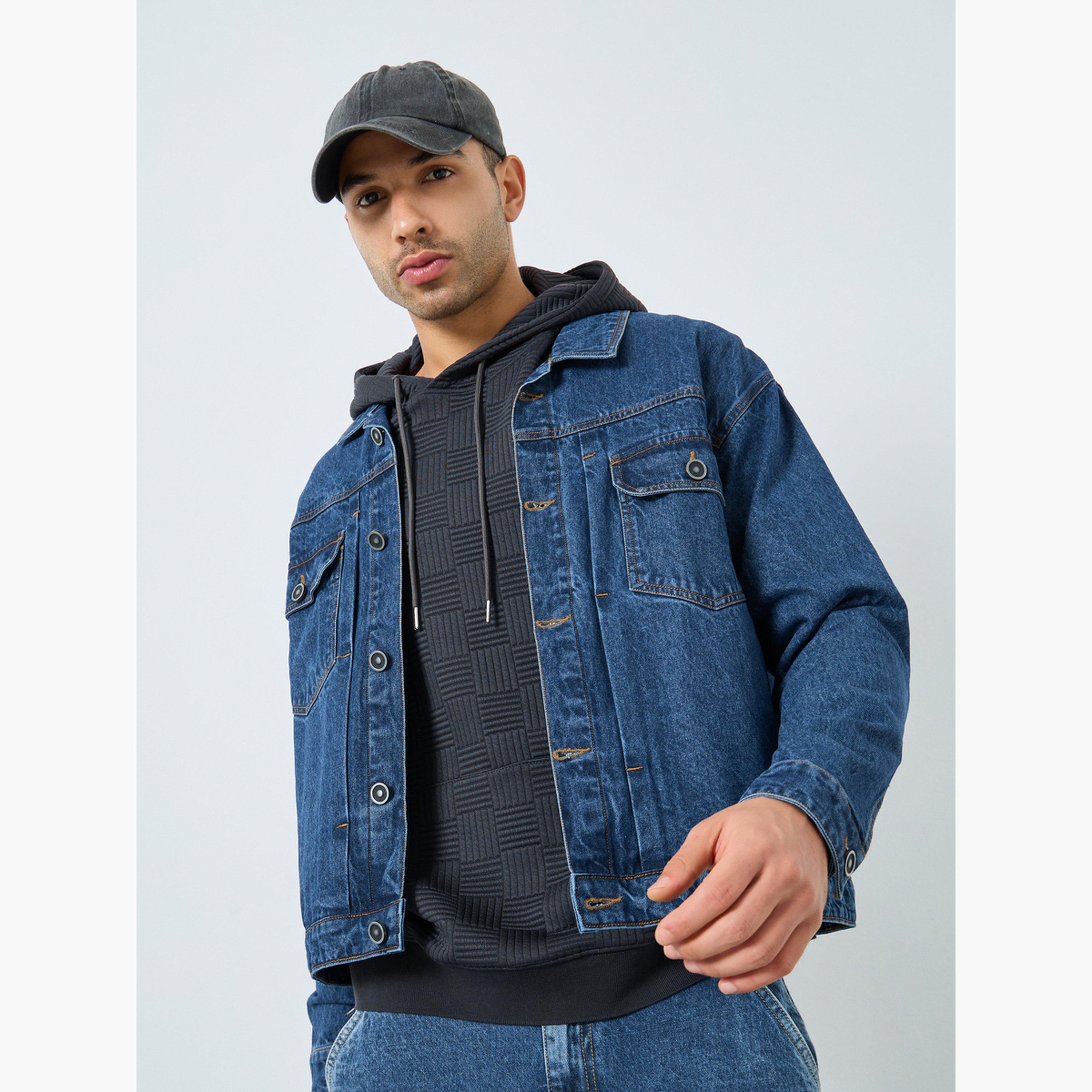 Styli Solid Collared Long Sleeves Men's Button Through Denim Jacket-men-clothing-jacketsandblazers-jackets-image-1