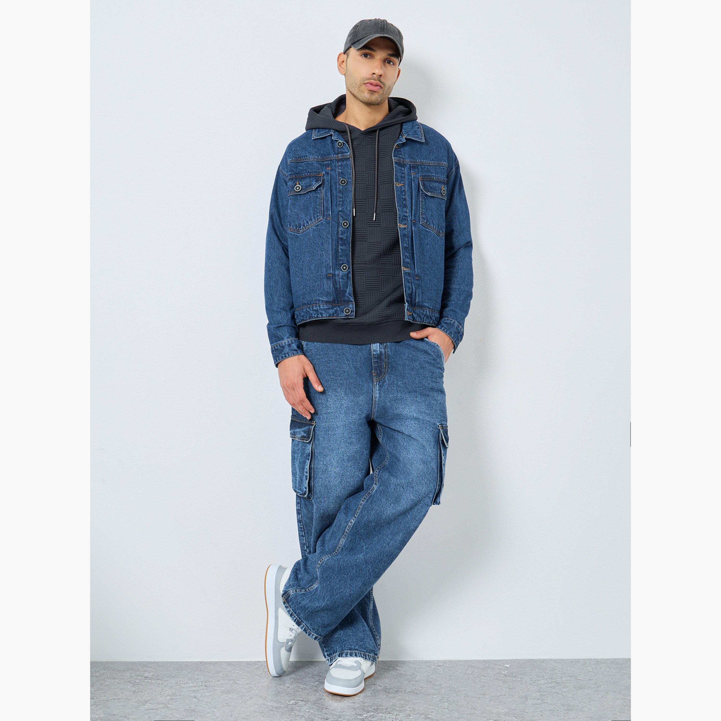 Styli Solid Collared Long Sleeves Men's Button Through Denim Jacket-men-clothing-jacketsandblazers-jackets-image-2