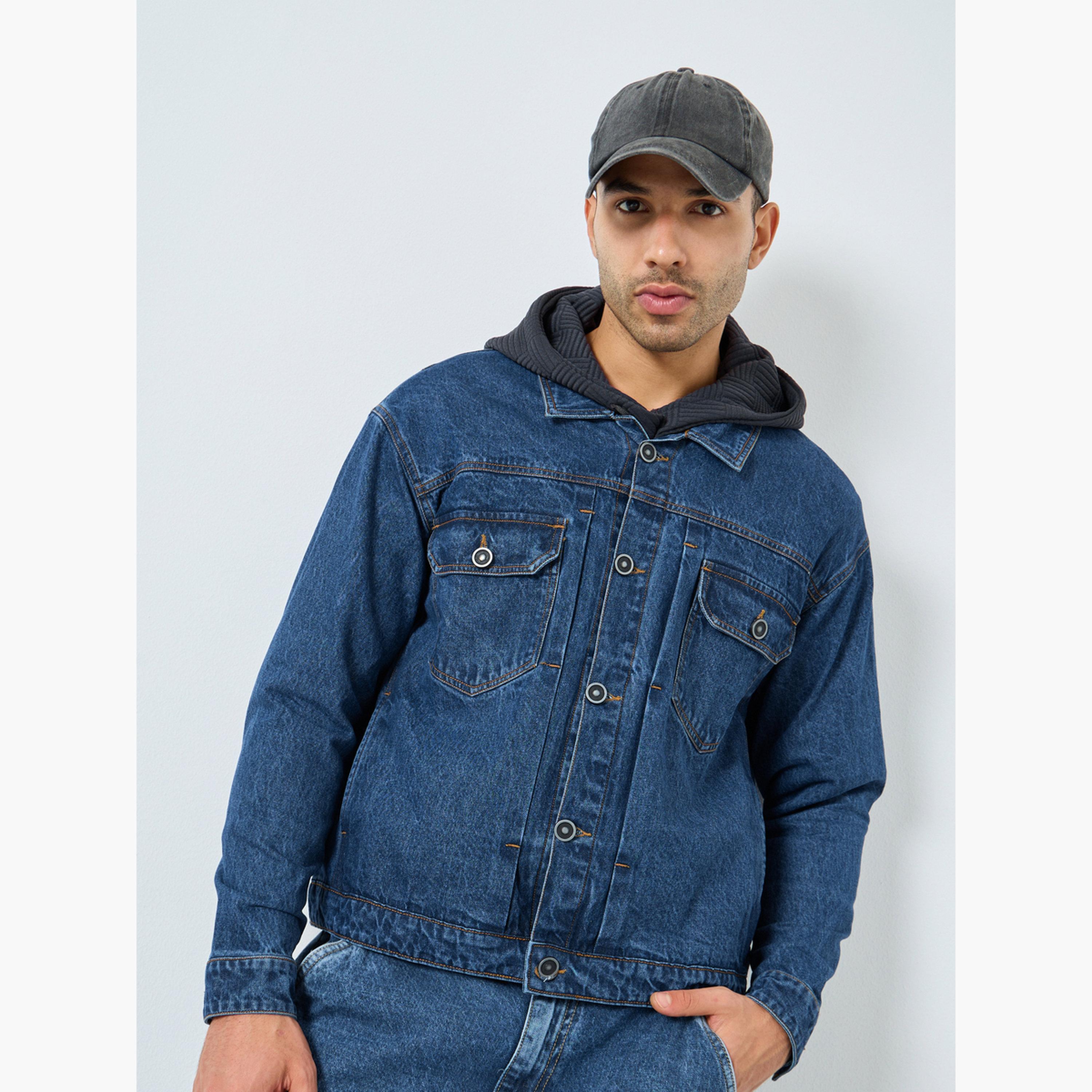Styli Solid Collared Long Sleeves Men's Button Through Denim Jacket-men-clothing-jacketsandblazers-jackets-image-3