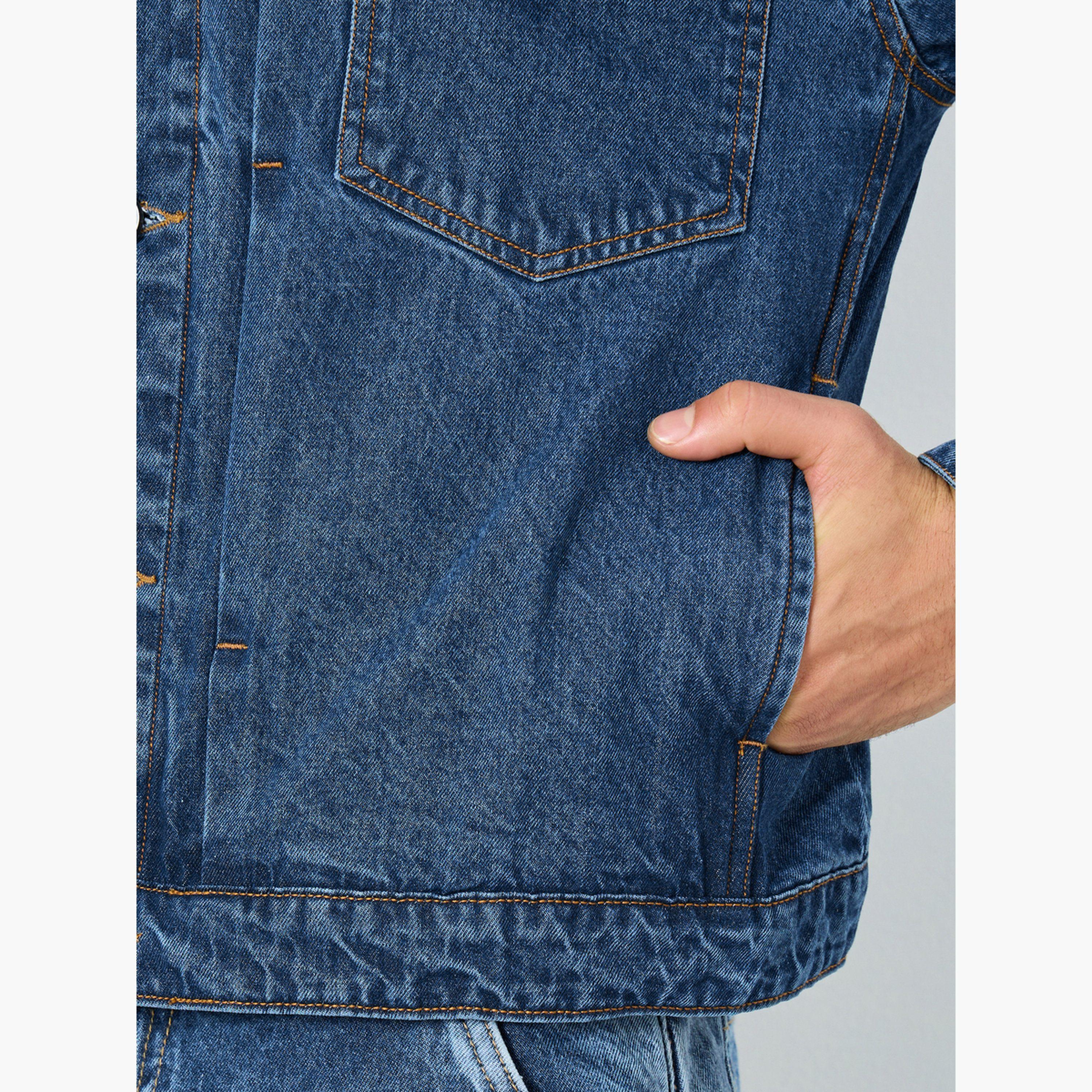 Styli Solid Collared Long Sleeves Men's Button Through Denim Jacket-men-clothing-jacketsandblazers-jackets-image-5