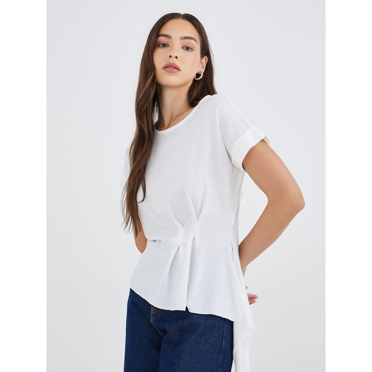 تيشيرت سادة بقصة عادية مع كسرات جانبية-women-clothing-tshirts-image-1