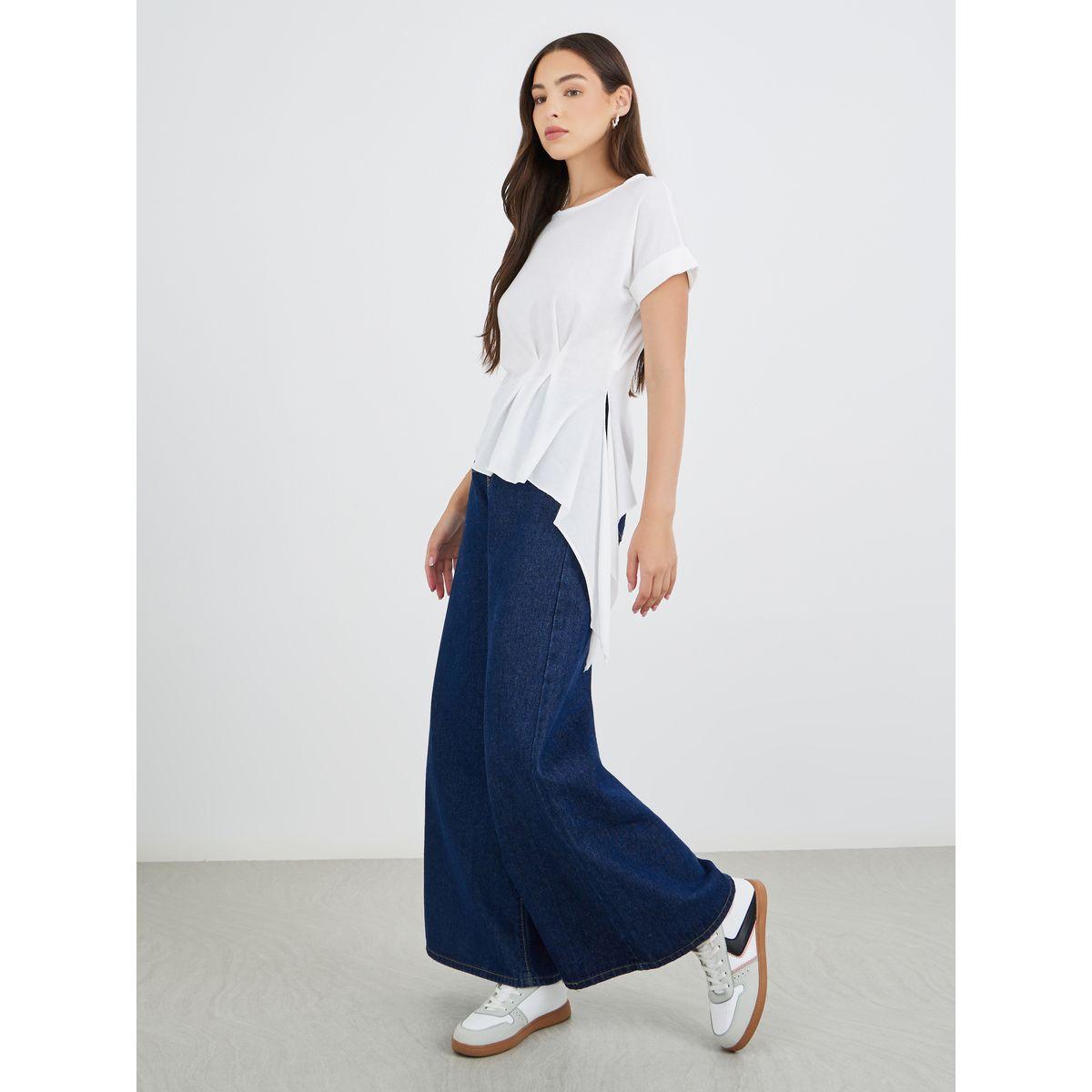 Styli Solid Side Pleated Detail Regular Fit T-Shirt-women-clothing-tshirts-image-2
