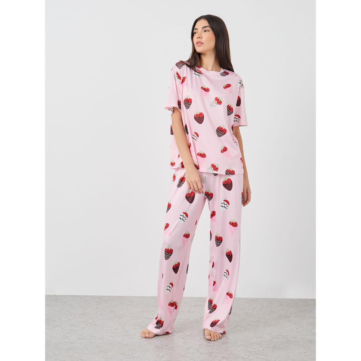 Styli Strawberry Printed T-Shirt and Pyjama Set-women-clothing-nightwear-pyjamas-longsets-image-1