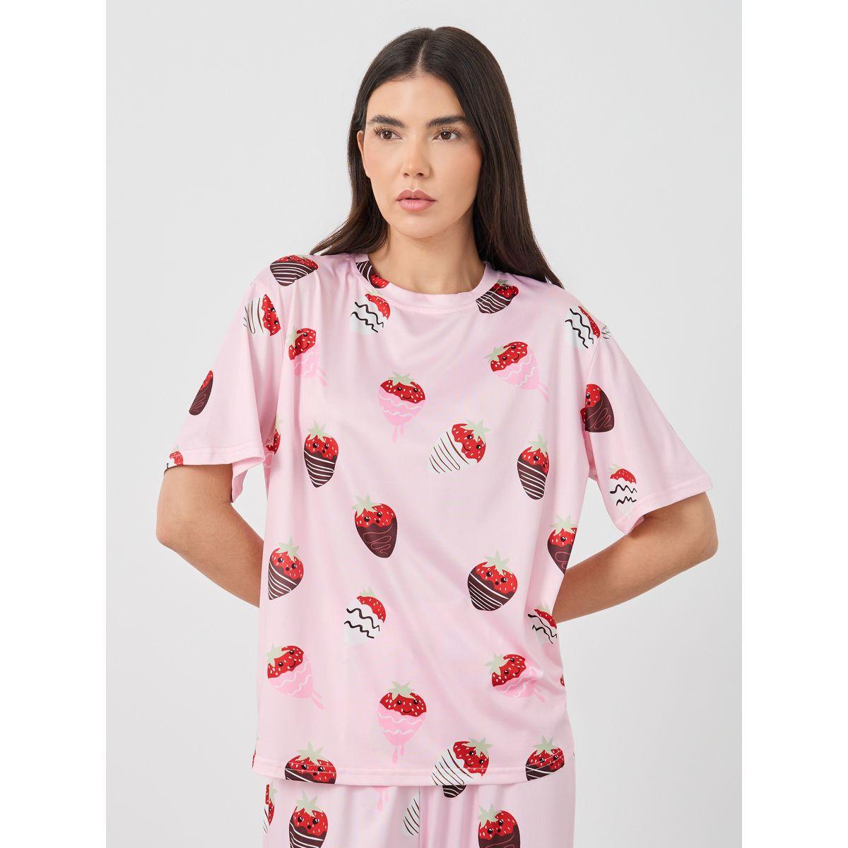 Styli Strawberry Printed T-Shirt and Pyjama Set-women-clothing-nightwear-pyjamas-longsets-image-2
