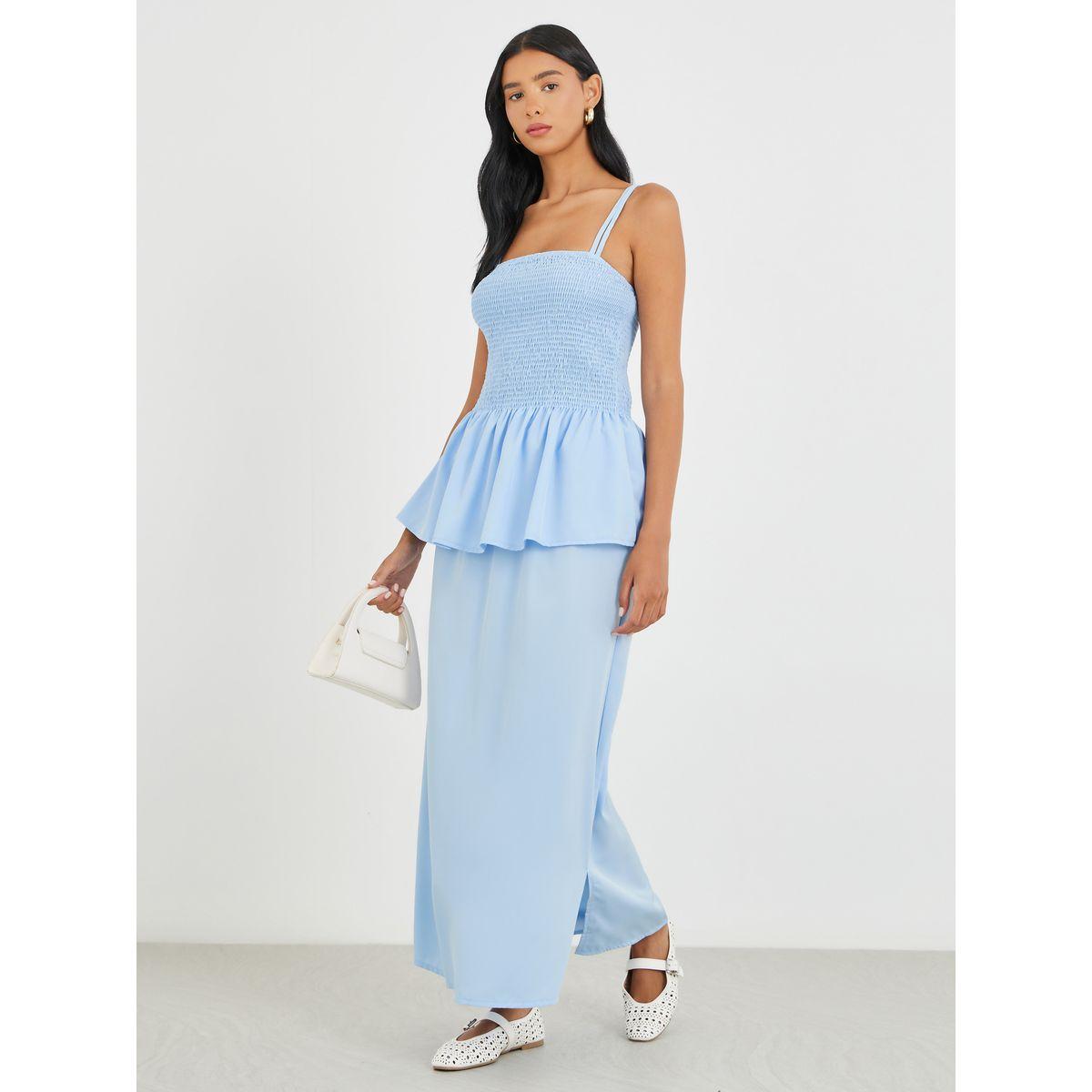 طقم منسق من تنورة ميدي وبلوزة سادة بحمالات كتف-women-clothing-coordsets-image-1