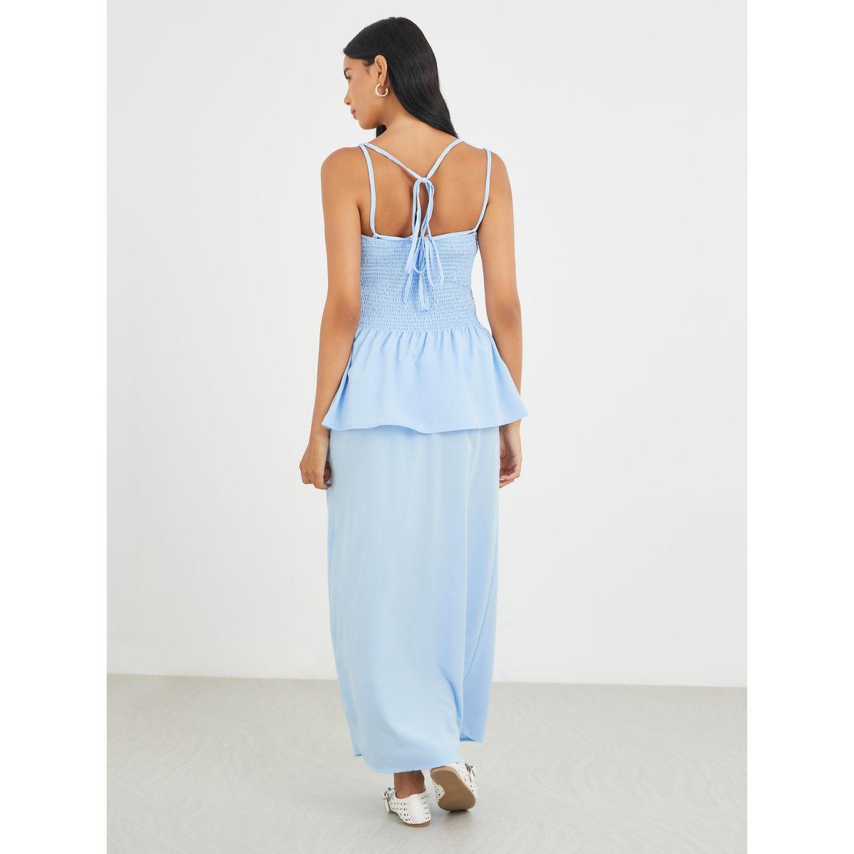 طقم منسق من تنورة ميدي وبلوزة سادة بحمالات كتف-women-clothing-coordsets-image-5