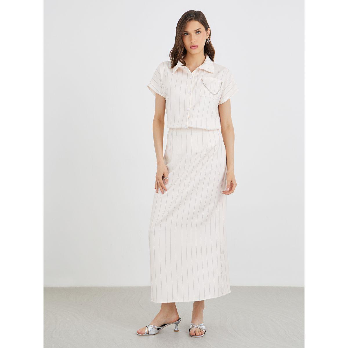 Styli Stripes Spread Collar Shirt with Maxi Skirt Co-Ords-women-clothing-coordsets-image-1