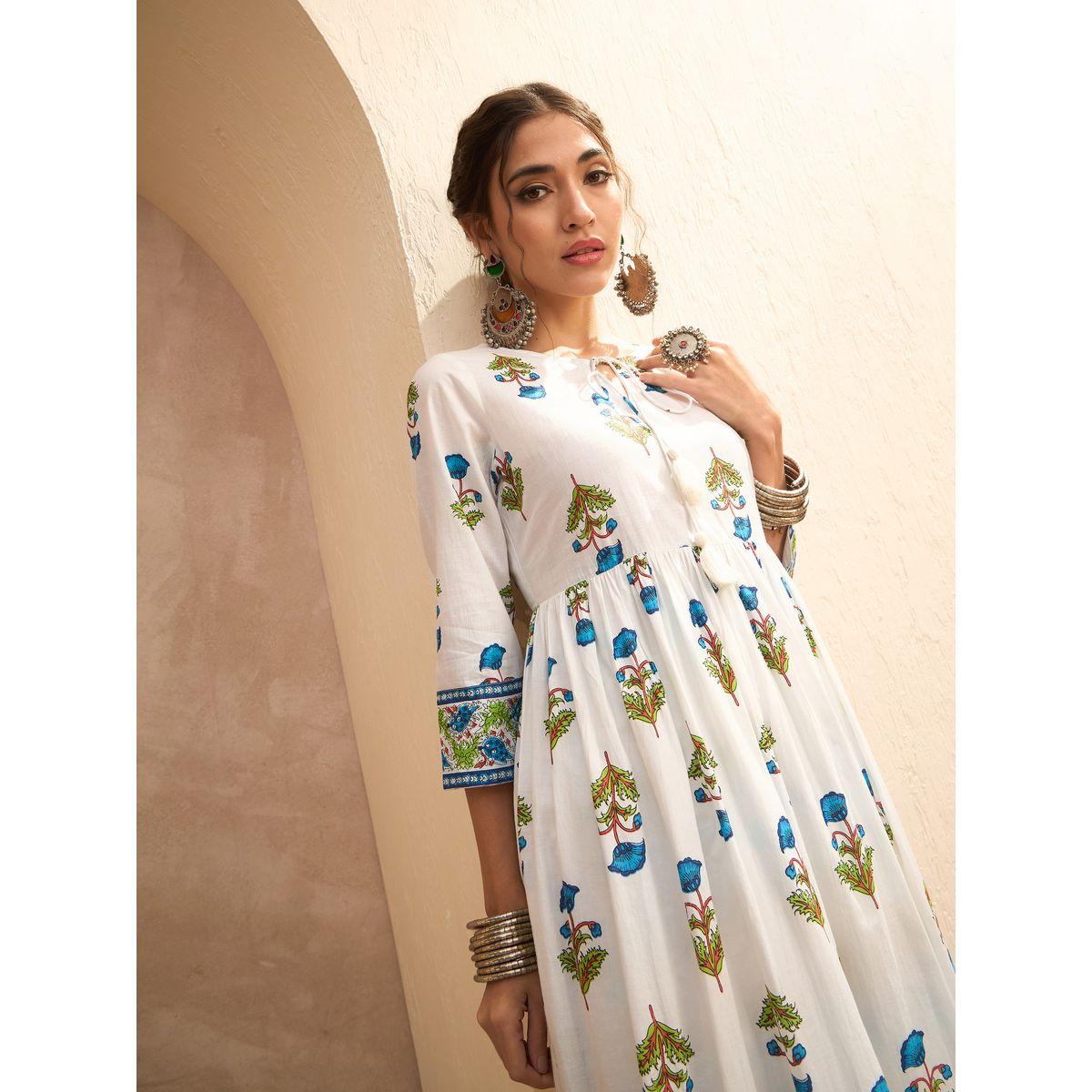 Sassafras White Floral Front Dori Gathered Kurta-women-clothing-ethnicwear-kurtas-image-2