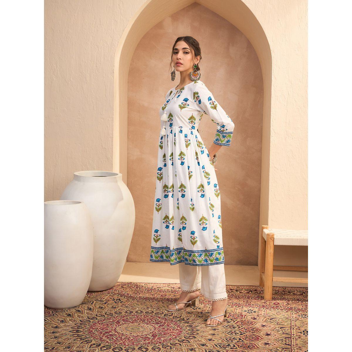 Sassafras White Floral Front Dori Gathered Kurta-women-clothing-ethnicwear-kurtas-image-3