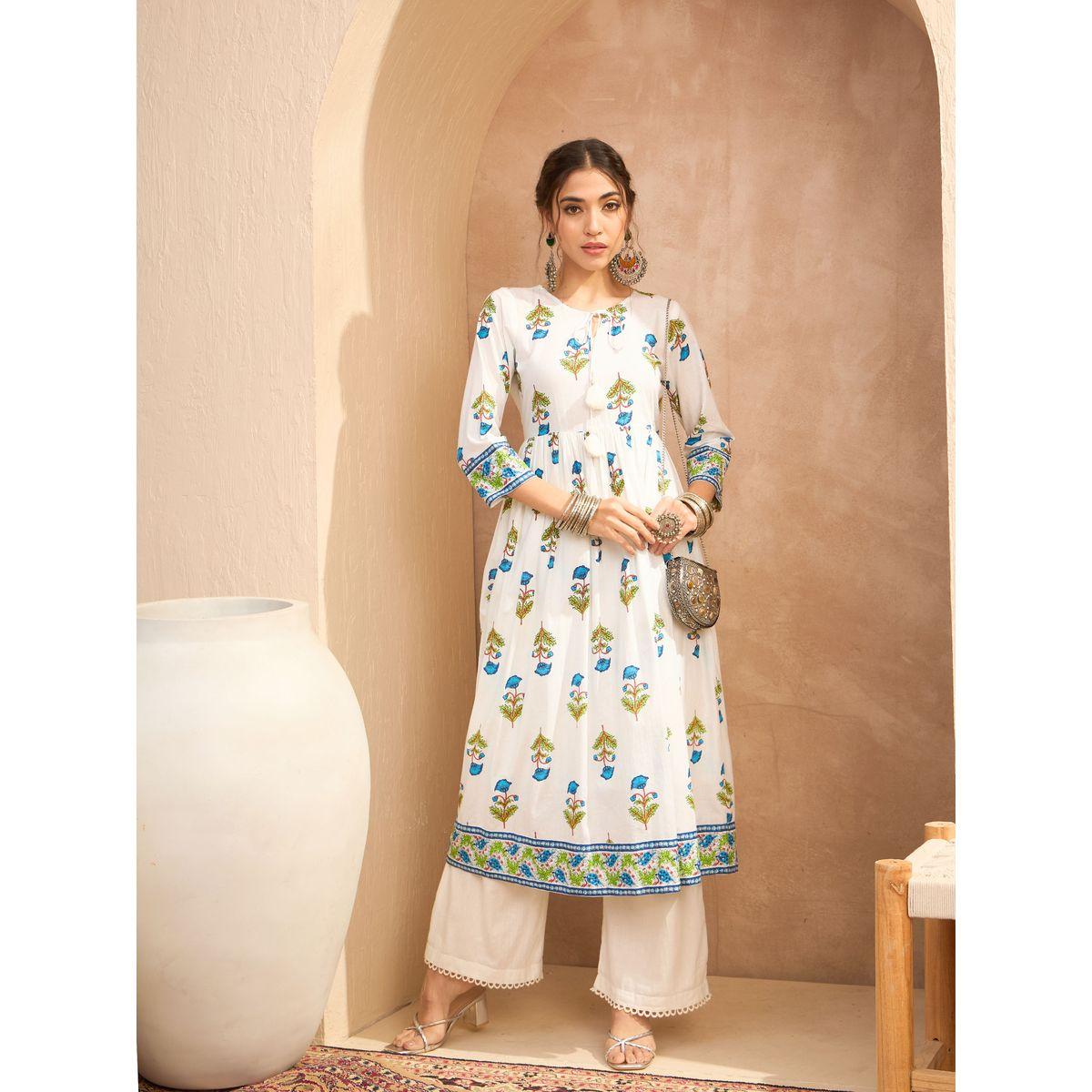Sassafras White Floral Front Dori Gathered Kurta-women-clothing-ethnicwear-kurtas-image-6