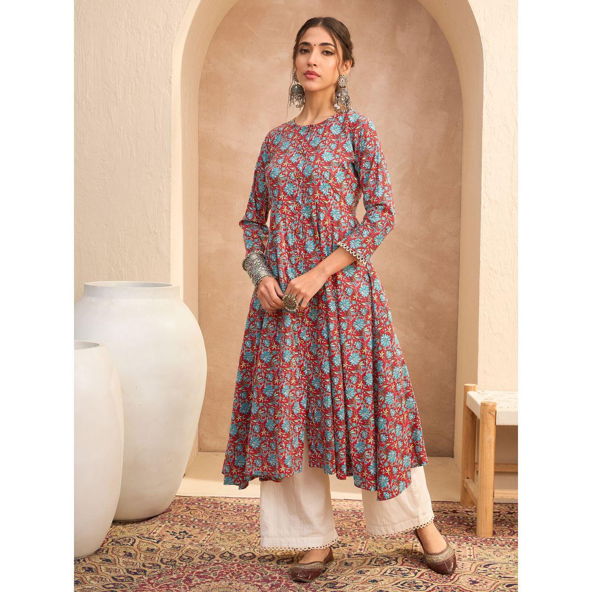 Sassafras Red Floral Buttoned Pocket Kurta-women-clothing-ethnicwear-kurtas-image-1