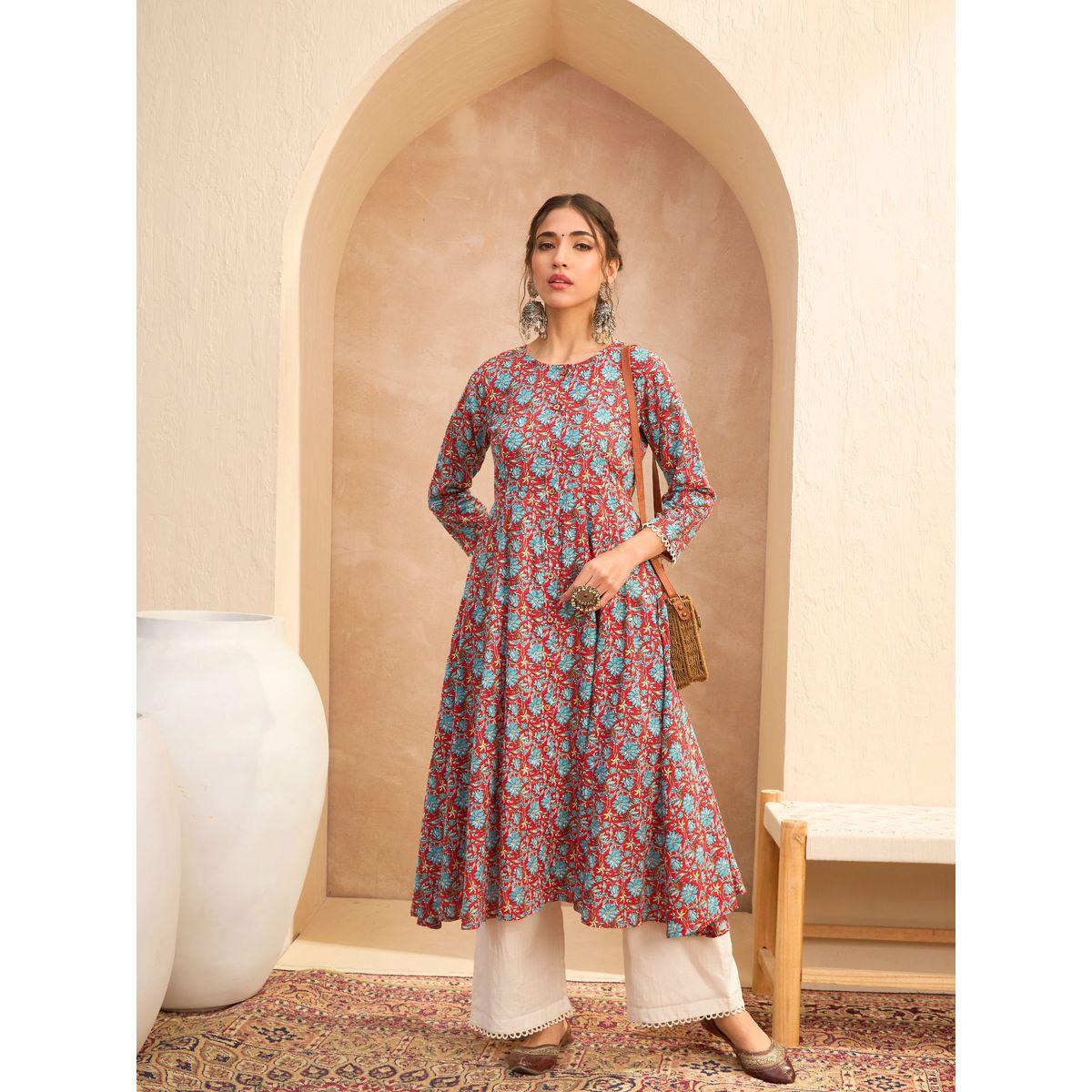 Sassafras Red Floral Buttoned Pocket Kurta-women-clothing-ethnicwear-kurtas-image-2