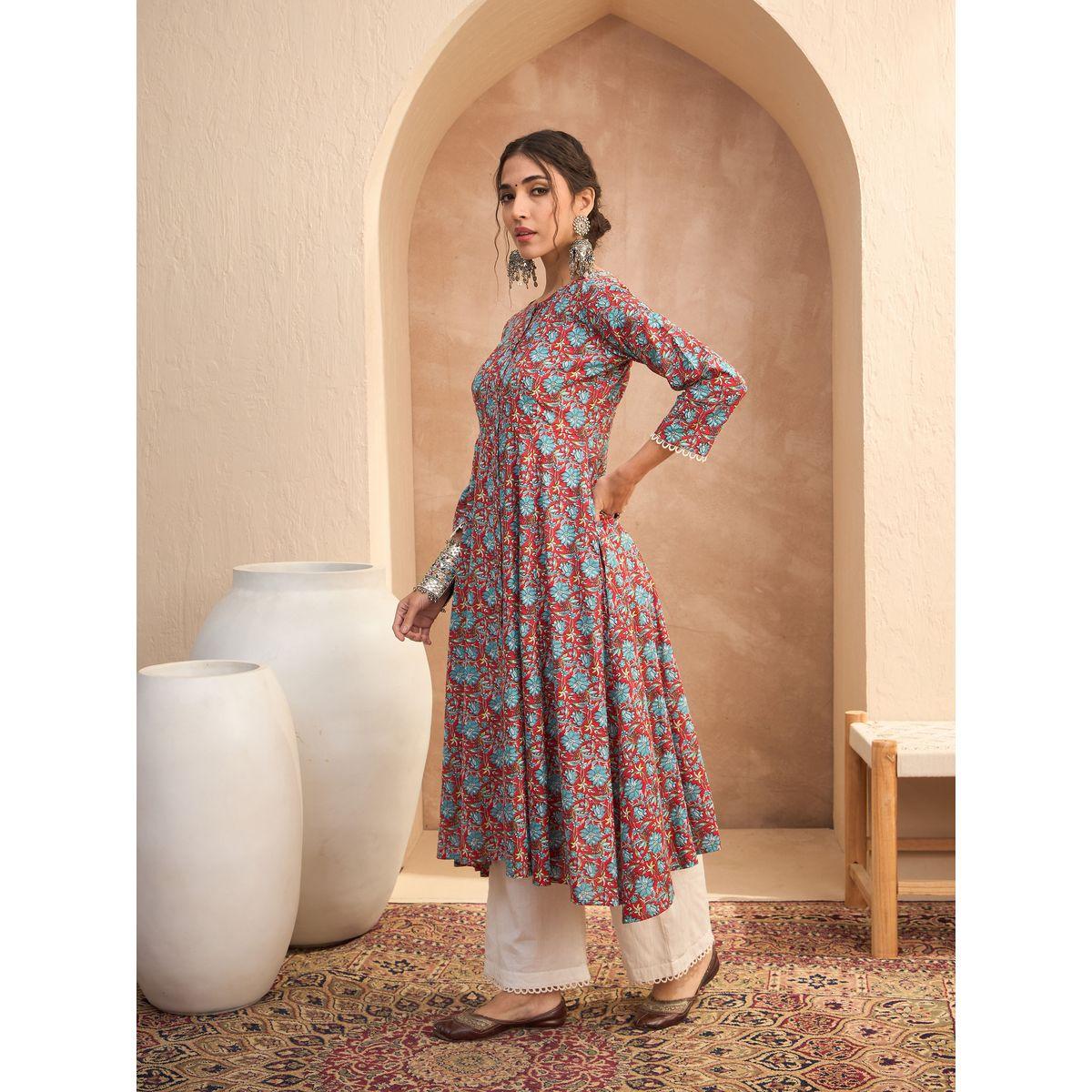 Sassafras Red Floral Buttoned Pocket Kurta-women-clothing-ethnicwear-kurtas-image-3