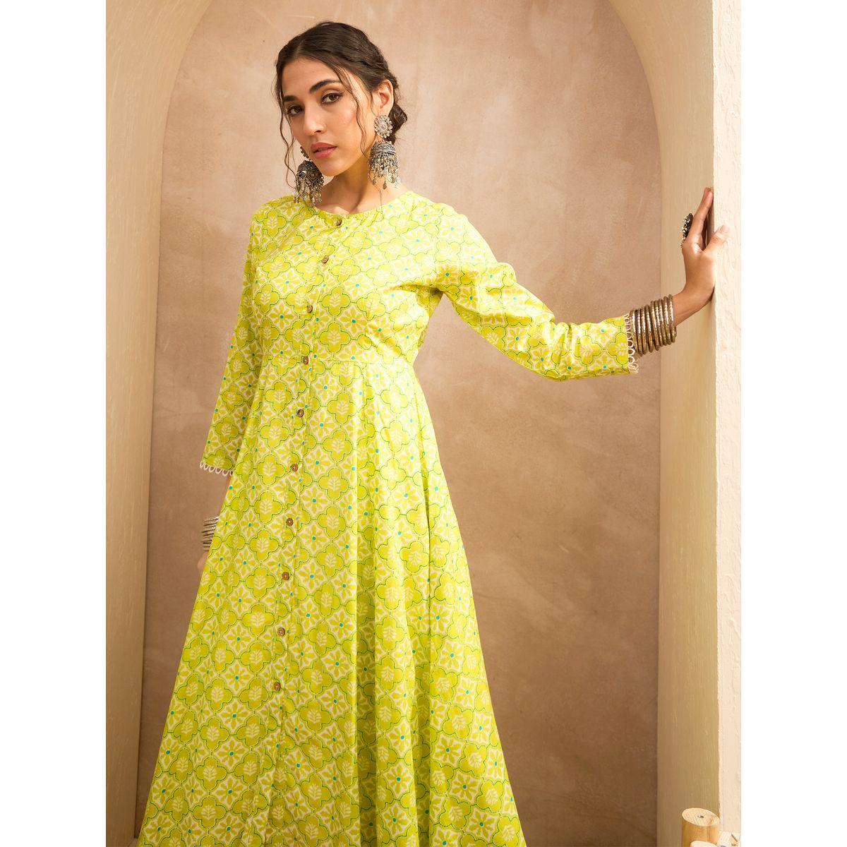 Sassafras Green Floral Buttoned Pocket Kurta-women-clothing-ethnicwear-kurtas-image-1