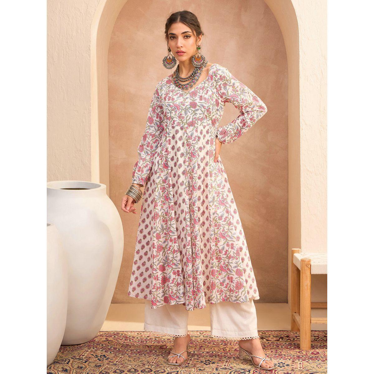 Sassafras White Floral Sweetheart Neck Anarkali Kurta-women-clothing-ethnicwear-kurtas-image-1