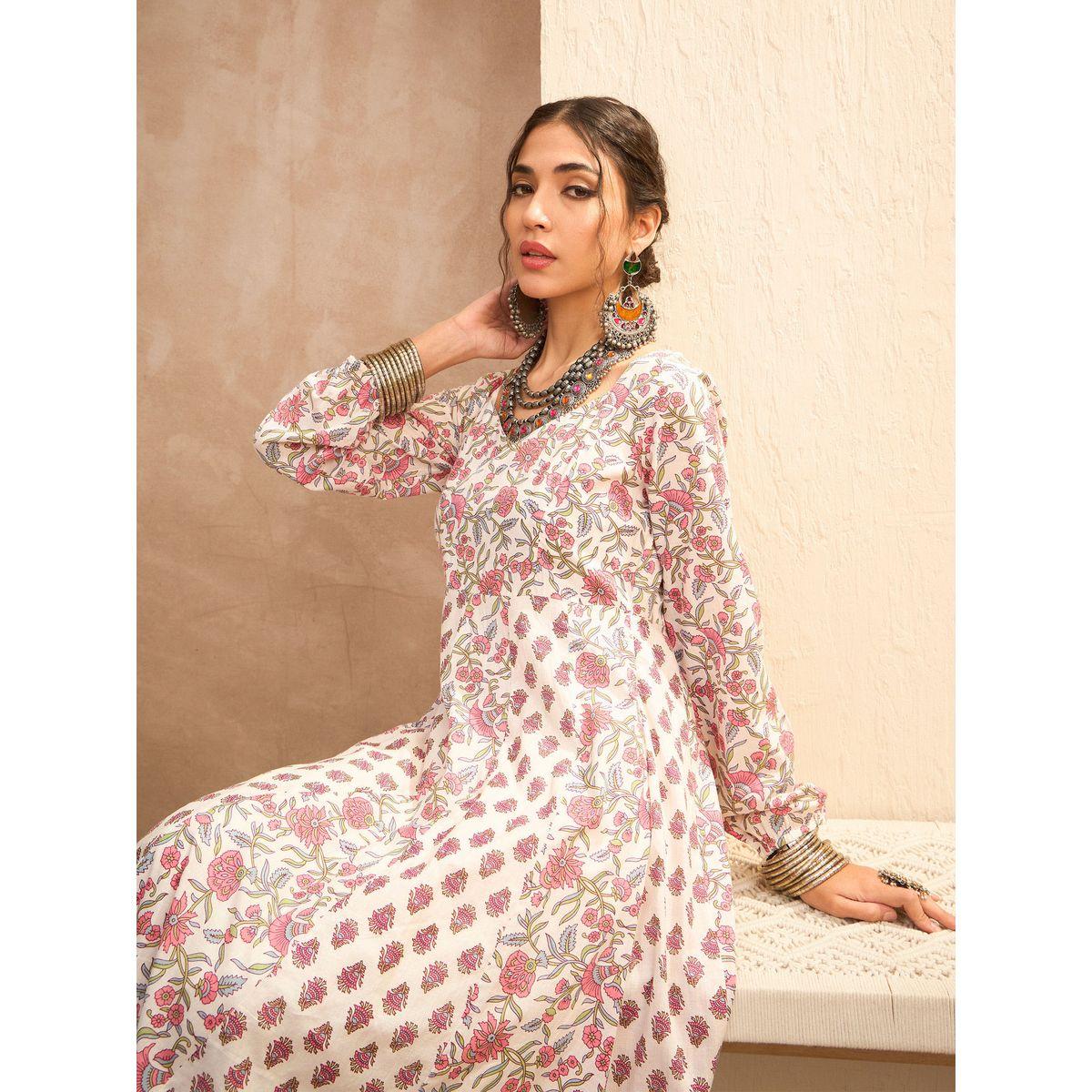 Sassafras White Floral Sweetheart Neck Anarkali Kurta-women-clothing-ethnicwear-kurtas-image-2
