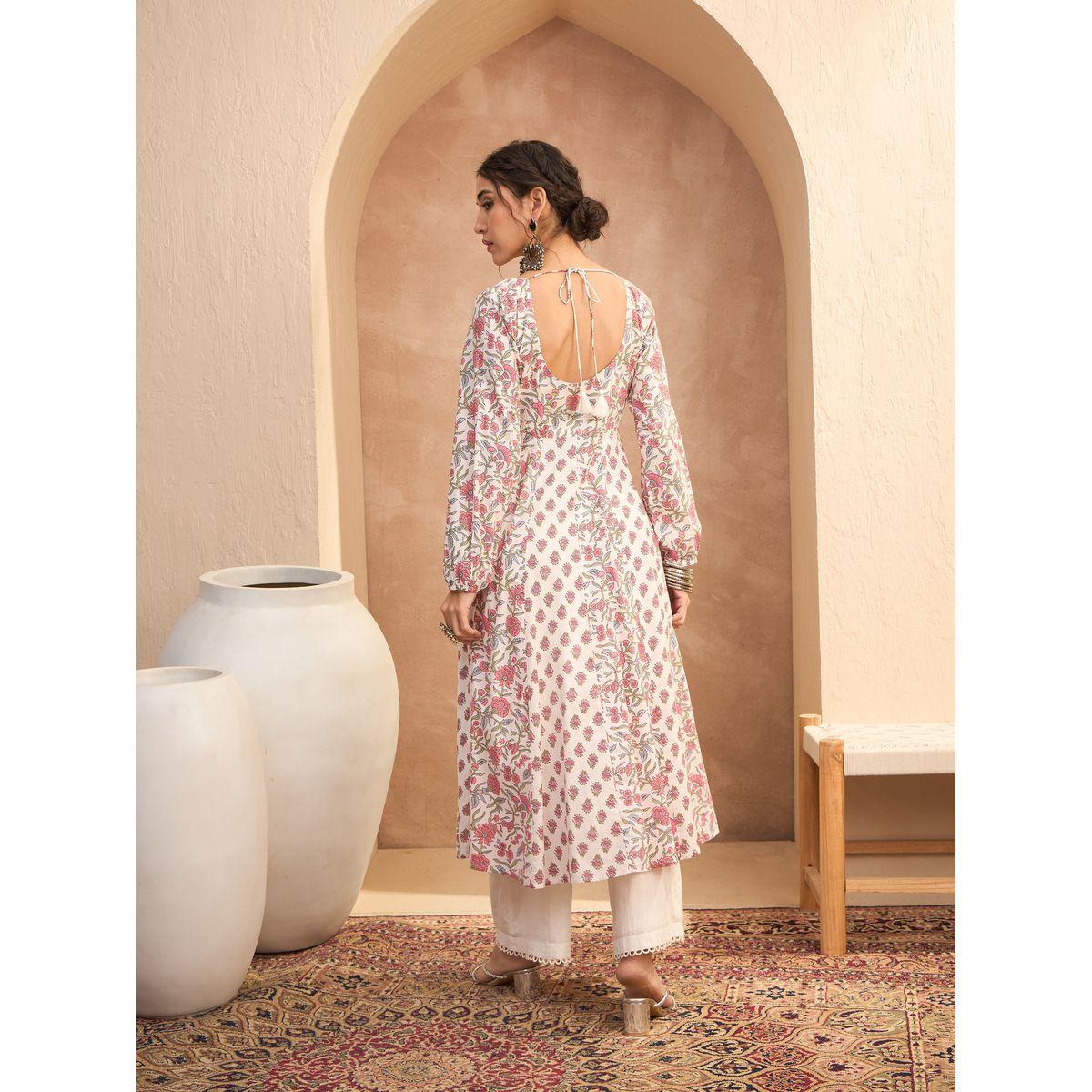 Sassafras White Floral Sweetheart Neck Anarkali Kurta-women-clothing-ethnicwear-kurtas-image-5