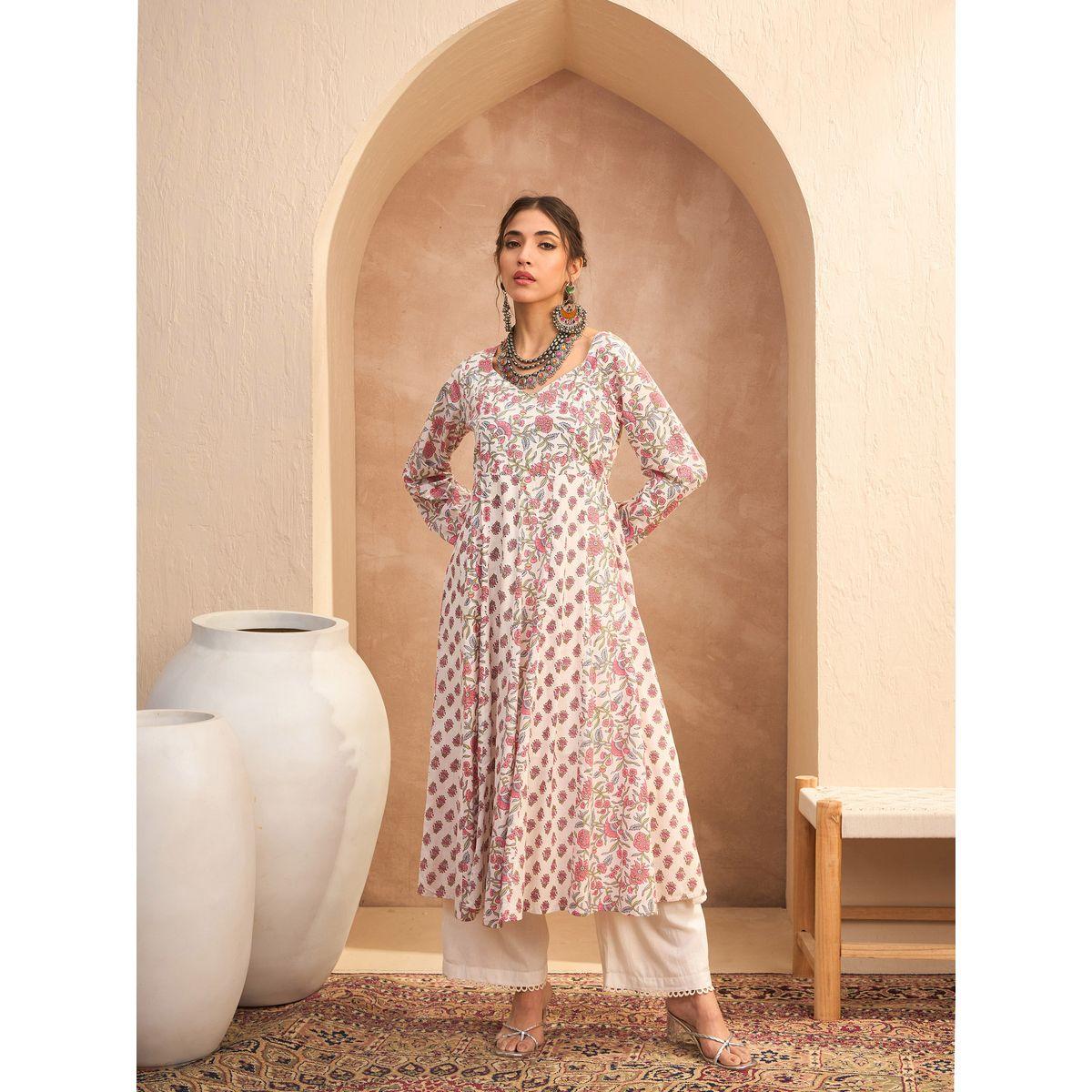 Sassafras White Floral Sweetheart Neck Anarkali Kurta-women-clothing-ethnicwear-kurtas-image-6